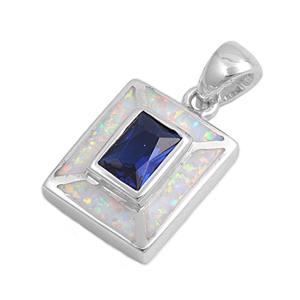 Sterling Silver Elegant Rectangle Box Pendant Blue Simulated Charm