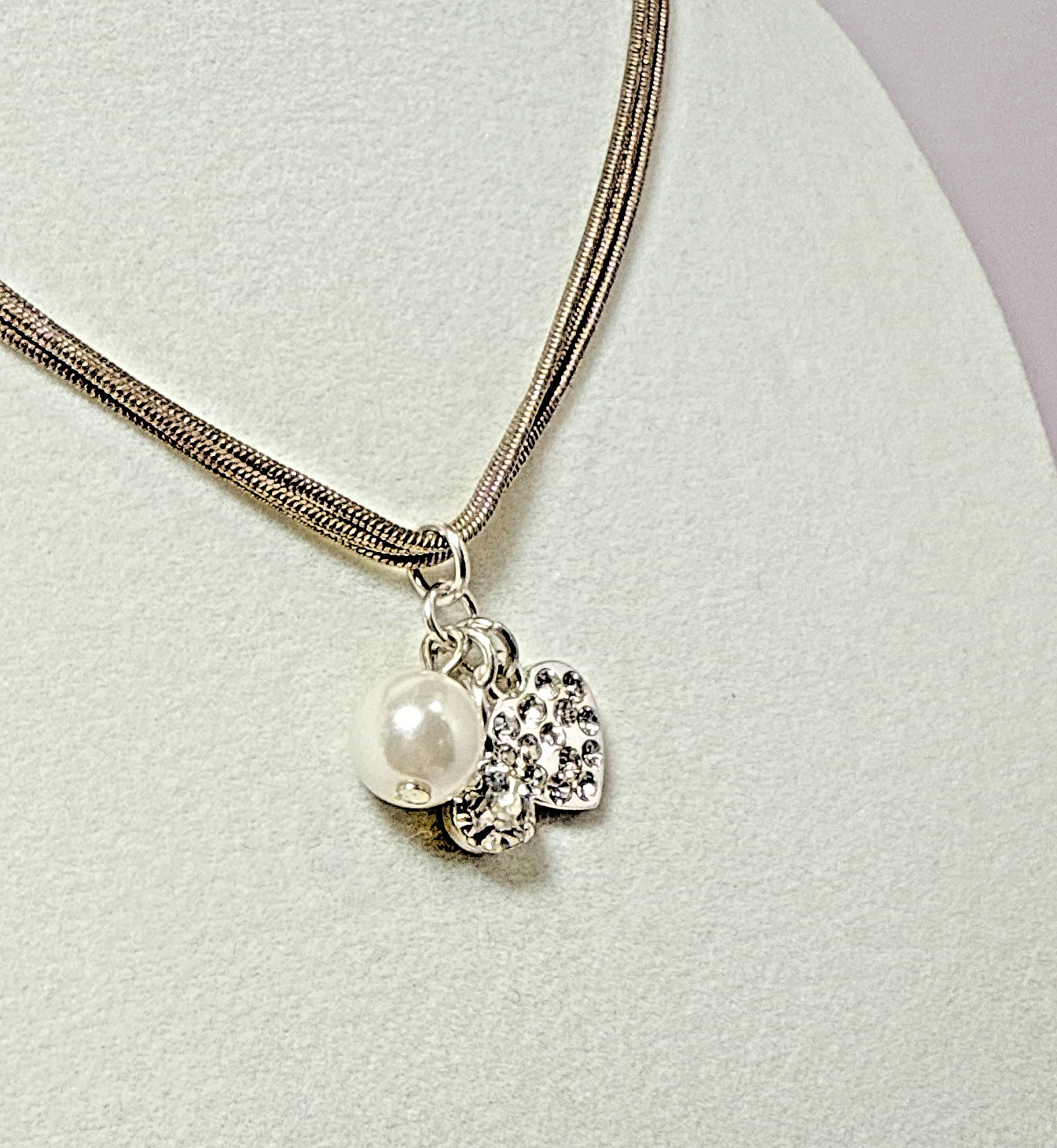 Silver Tone Multi Strand Snake Chain Heart Pearl Clear Rhinestone Cluster Neckla