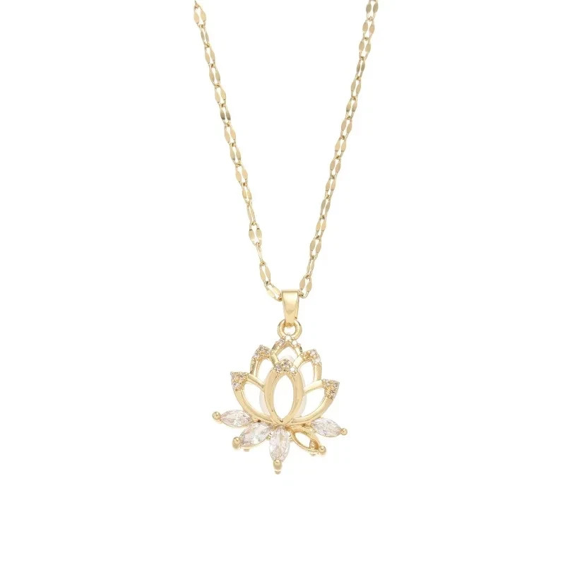 Women’s Fashion Jewelry Cubic Zircon Gold Lotus Flower Pendant Necklace USA Gift