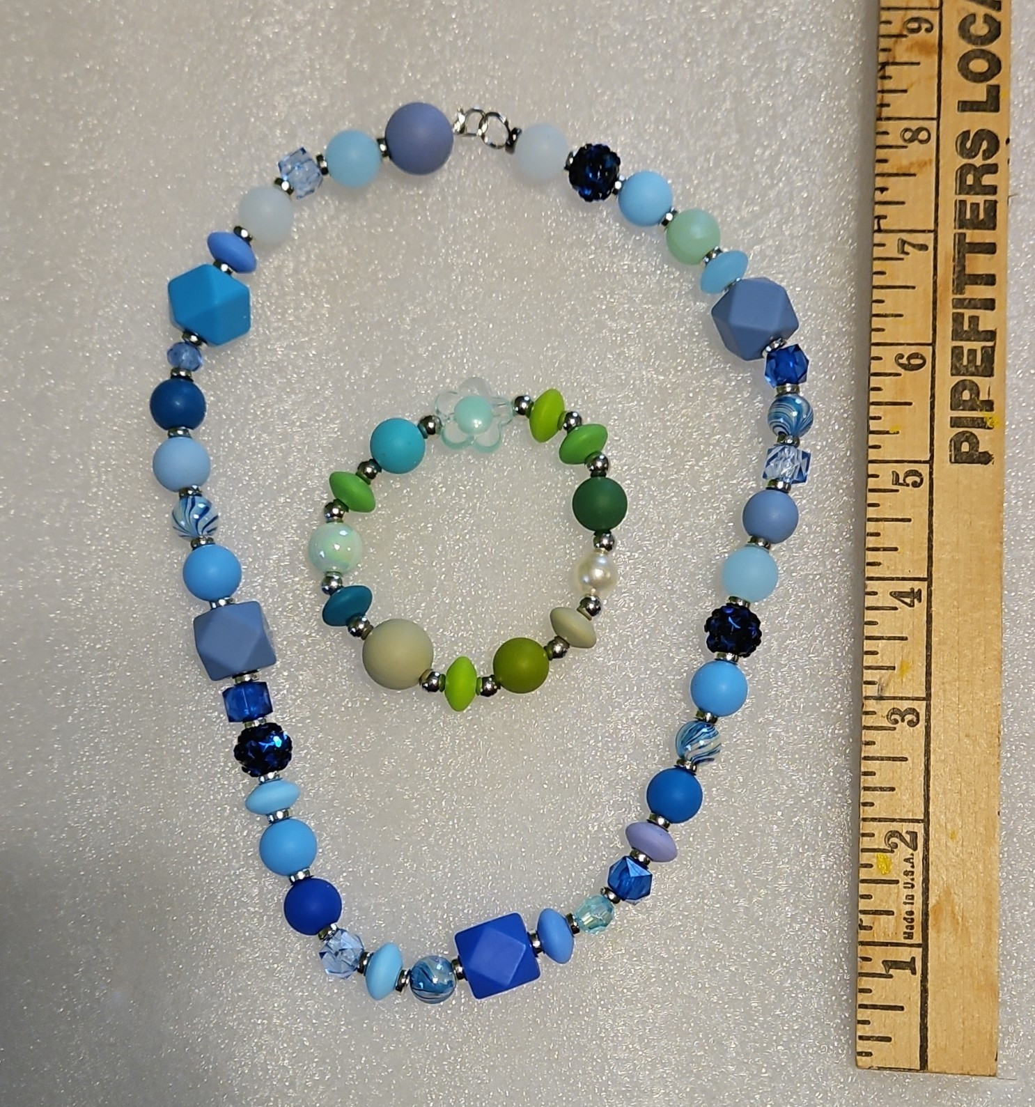 Blue & Green Beaded Glass Necklace w/ Crystal Accents Hook Clasp 19-24 in