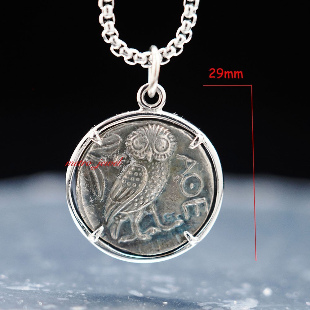 Womens Mens Vintage Copper Ancient Greek Owl Bird Athena Coin Pendant Necklace