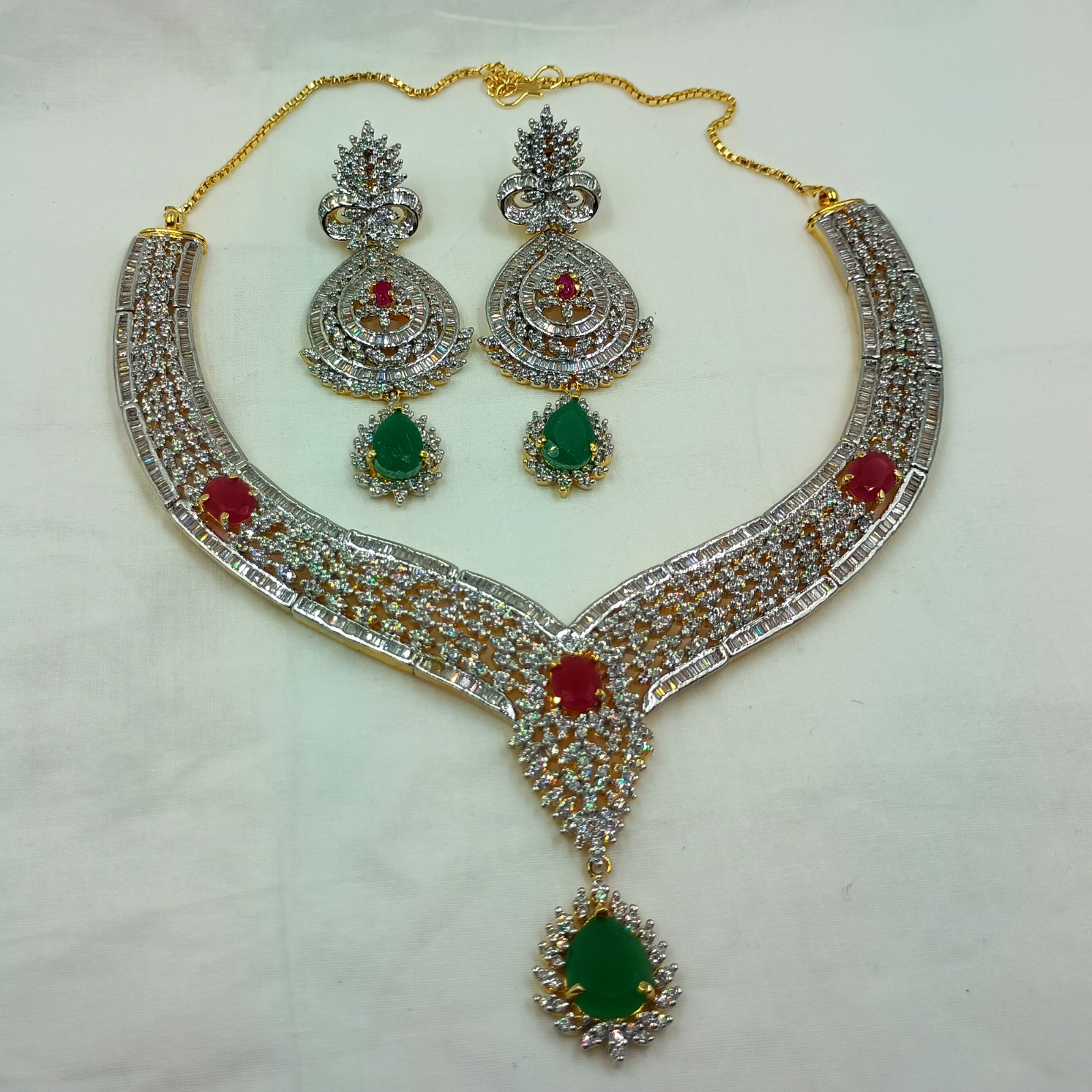 Traditional Emerald Ruby CZ Diamond Choker Necklace Set 22k Gold Plated