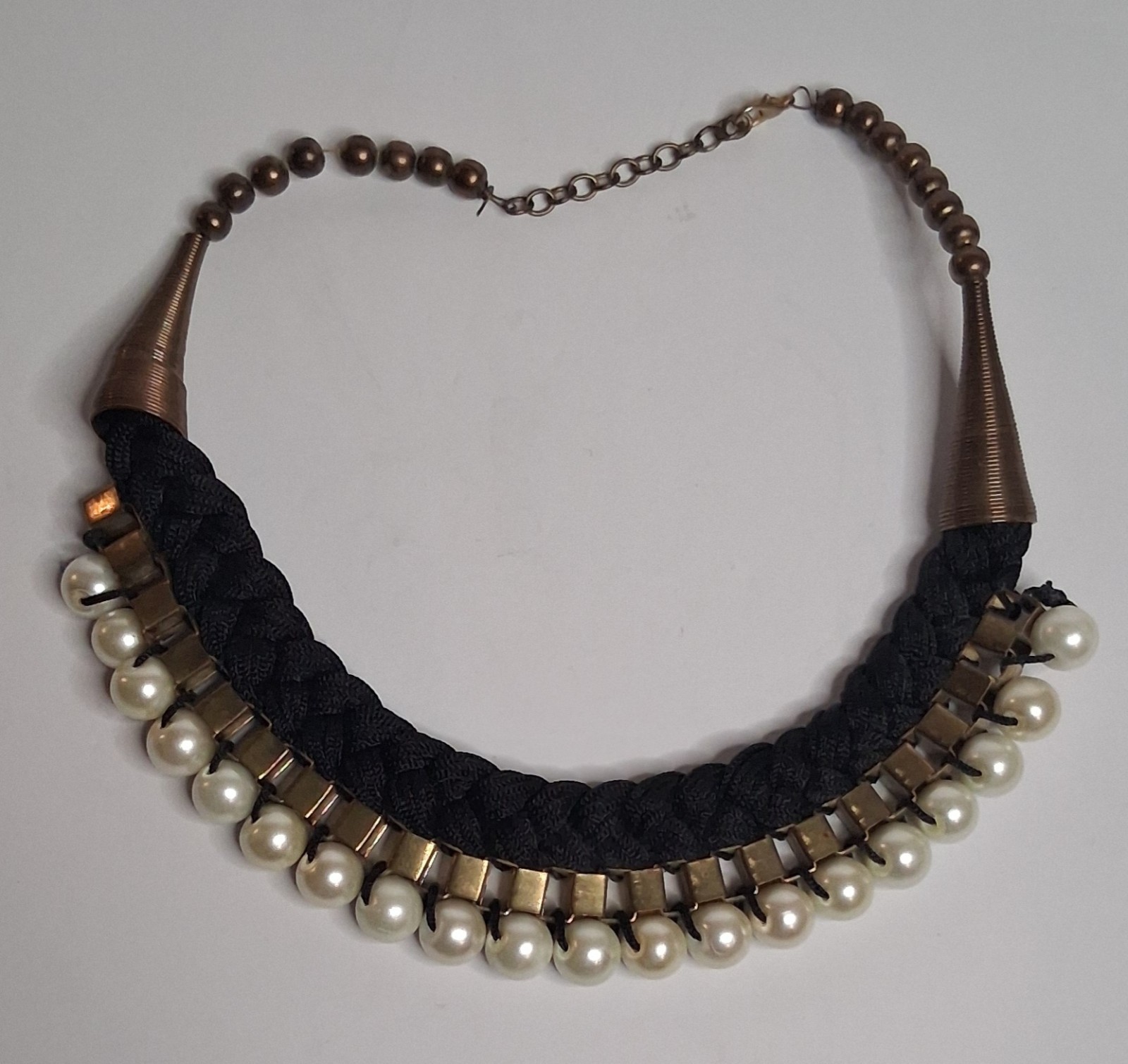 Braided Black Fabric Statement Necklace Faux Pearl choker Gold Tone