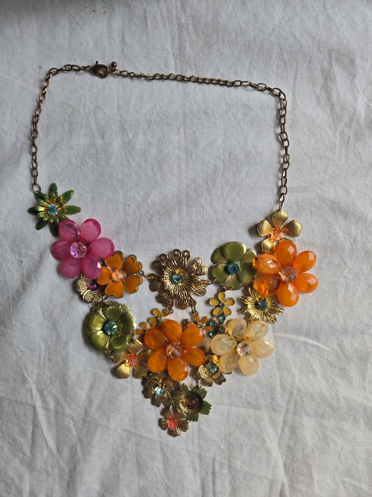 Floral Statement Necklace in Orange , Pink, Grean and Cream with Gold Tones # II