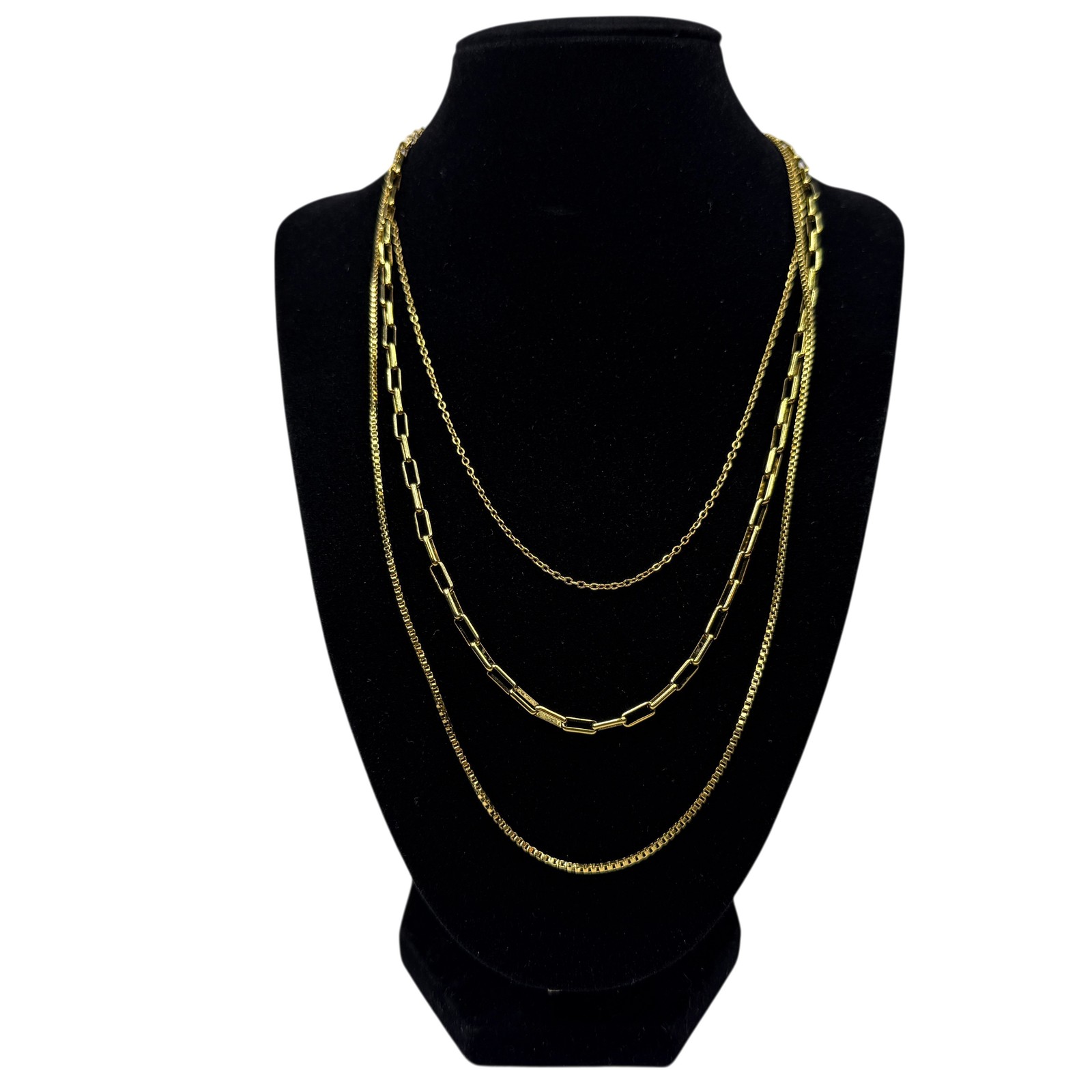 S. Steel Gold Tone Layered Necklace Stainless Steel Paperclip Box Chain Jewelry