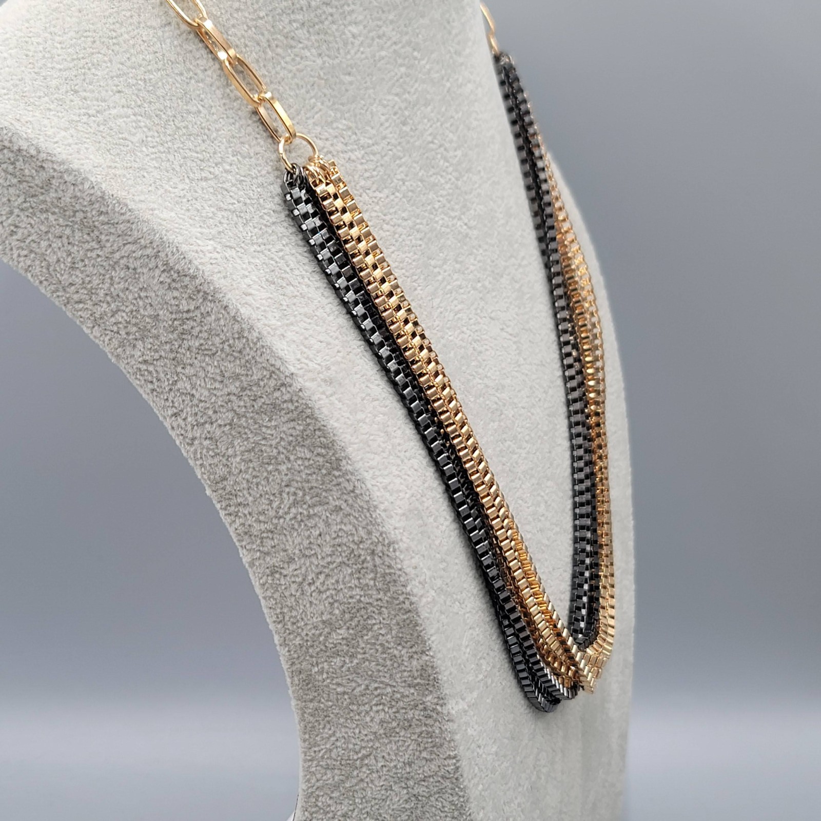 Gold tone and Black Necklace Multiple Box Chains Statement 24″ Adj