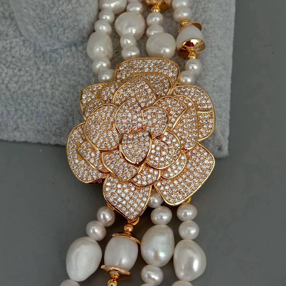 4 Strands Cultured White Baroque Pearl Cubic Zirconia Pave Pendant Necklace 19