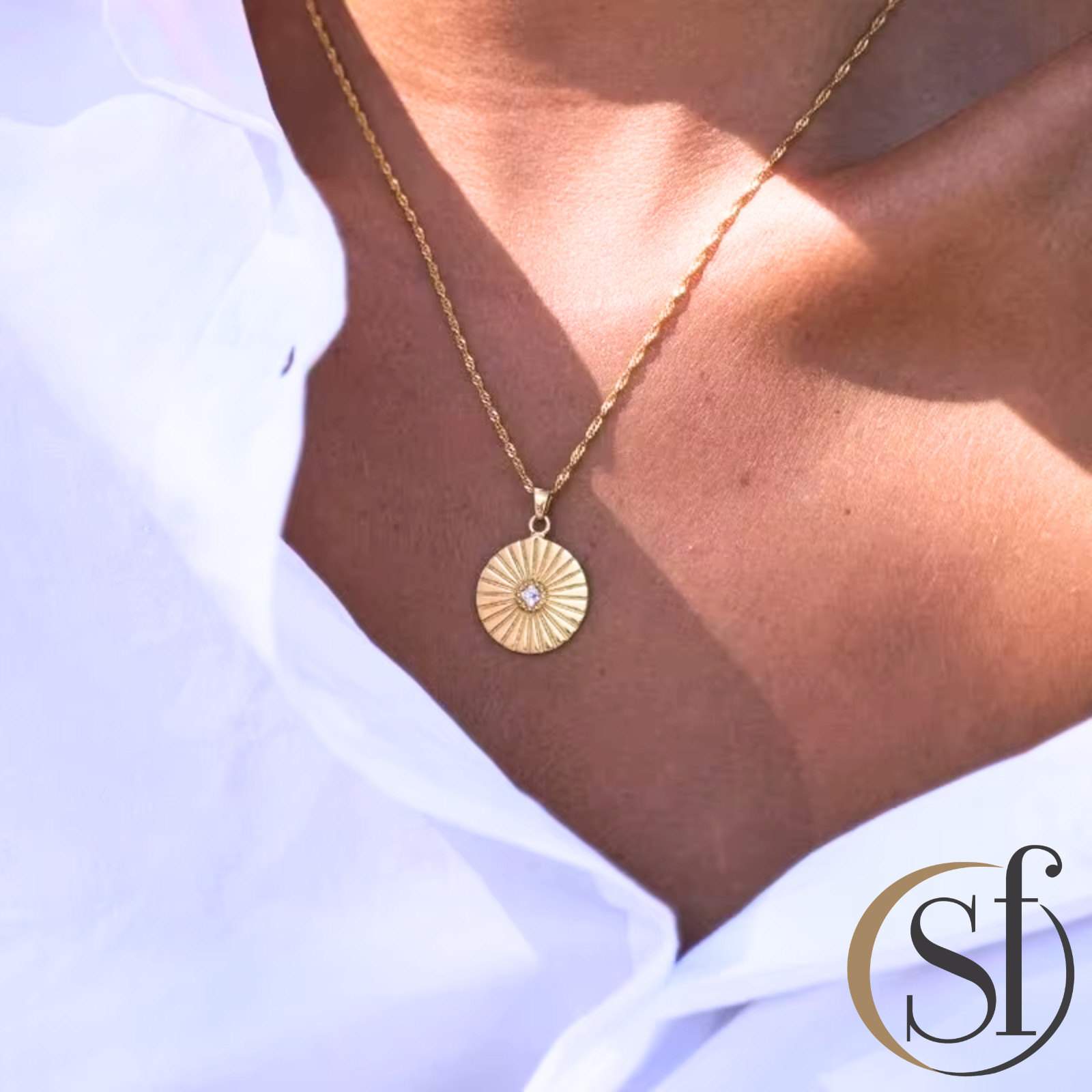 Sunbeam Coin Pendant Necklace | Waterproof Rope Chain | 18K Yellow Gold