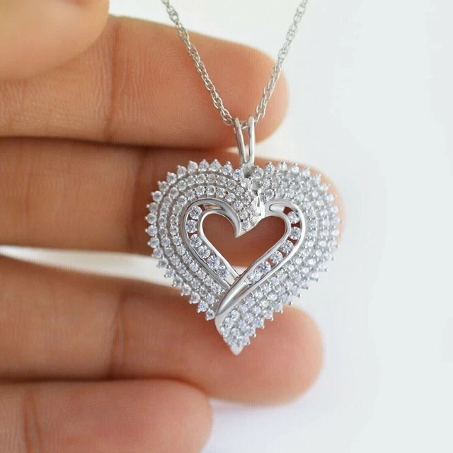 Round Cut Simulated Diamond 925 Silver Women Heart Pendant 14k White Gold Plated