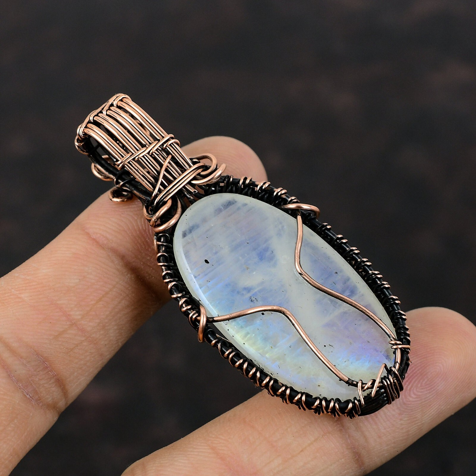 Women Day Sale Rainbow Moonstone Copper Gift For Mom Wire Wrapped Pendant 2.48″