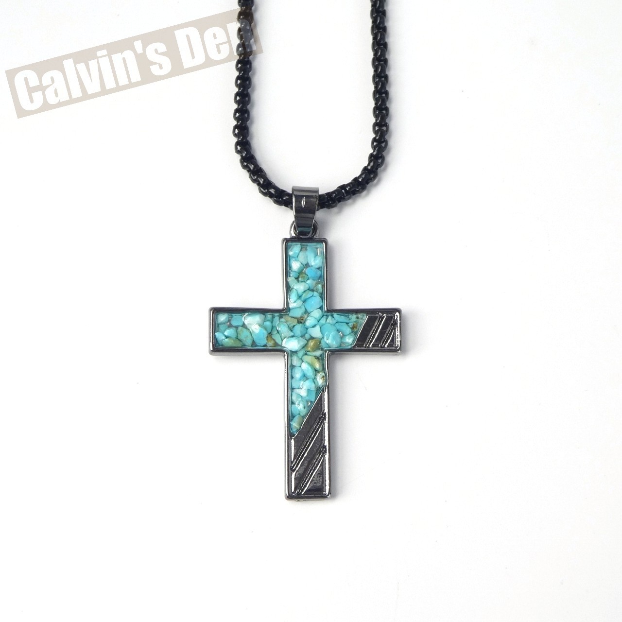 Turquoise Chip Inlay Cross Pendant Necklace Stripe Design Man Gift Modern