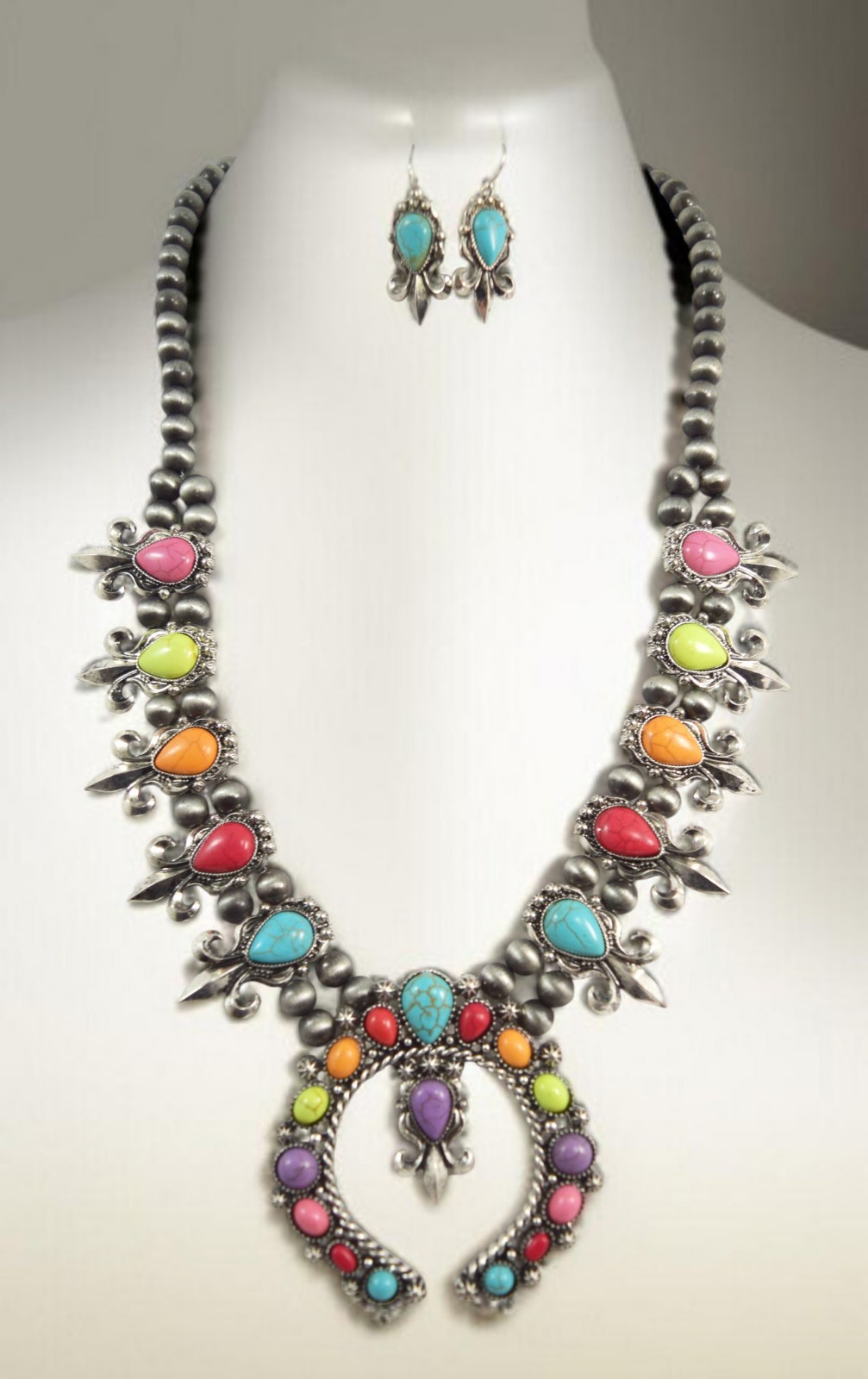 Western Multi Color Naja Necklace Earrings Set Fleur De Lis Southwestern Boho