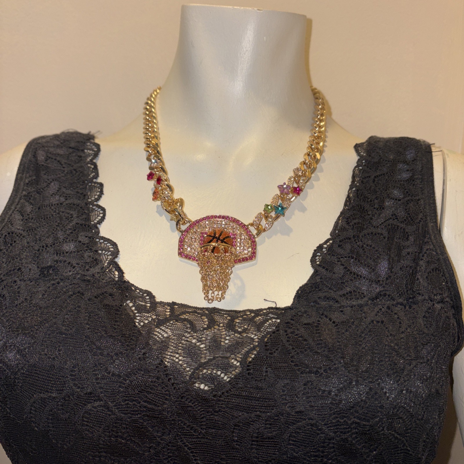 Betsey Johnson Necklace Gold Tone Basketball Hoop Drop With Orange Glitter Balls