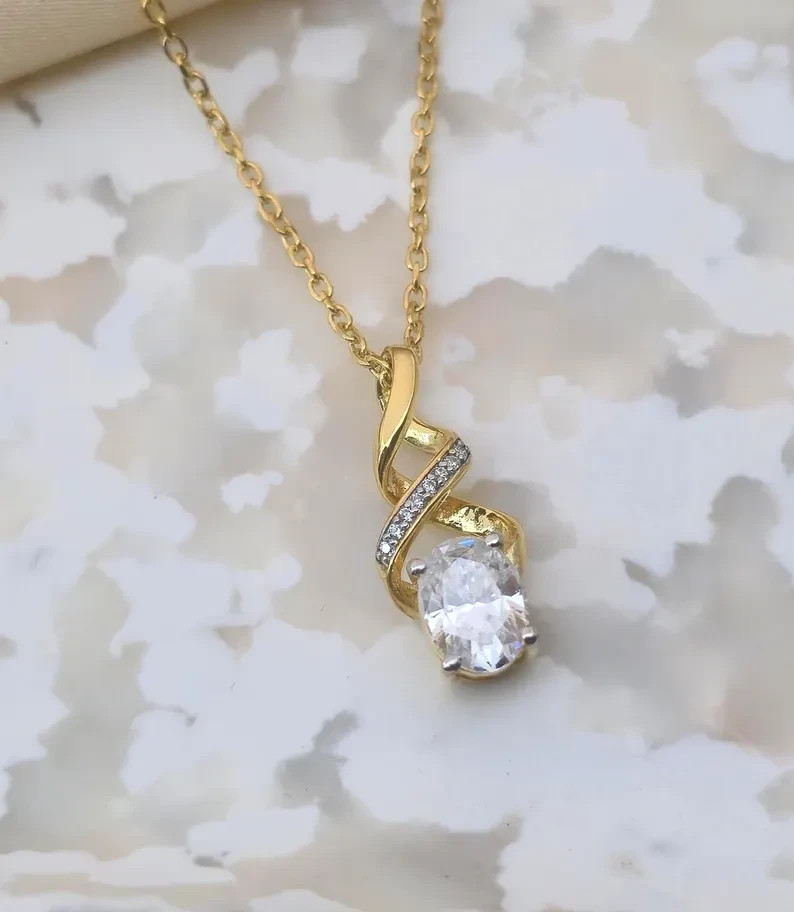 1Ct Oval Simulated Diamond Solitaire Pendant Necklace 14K Yellow Gold Plated