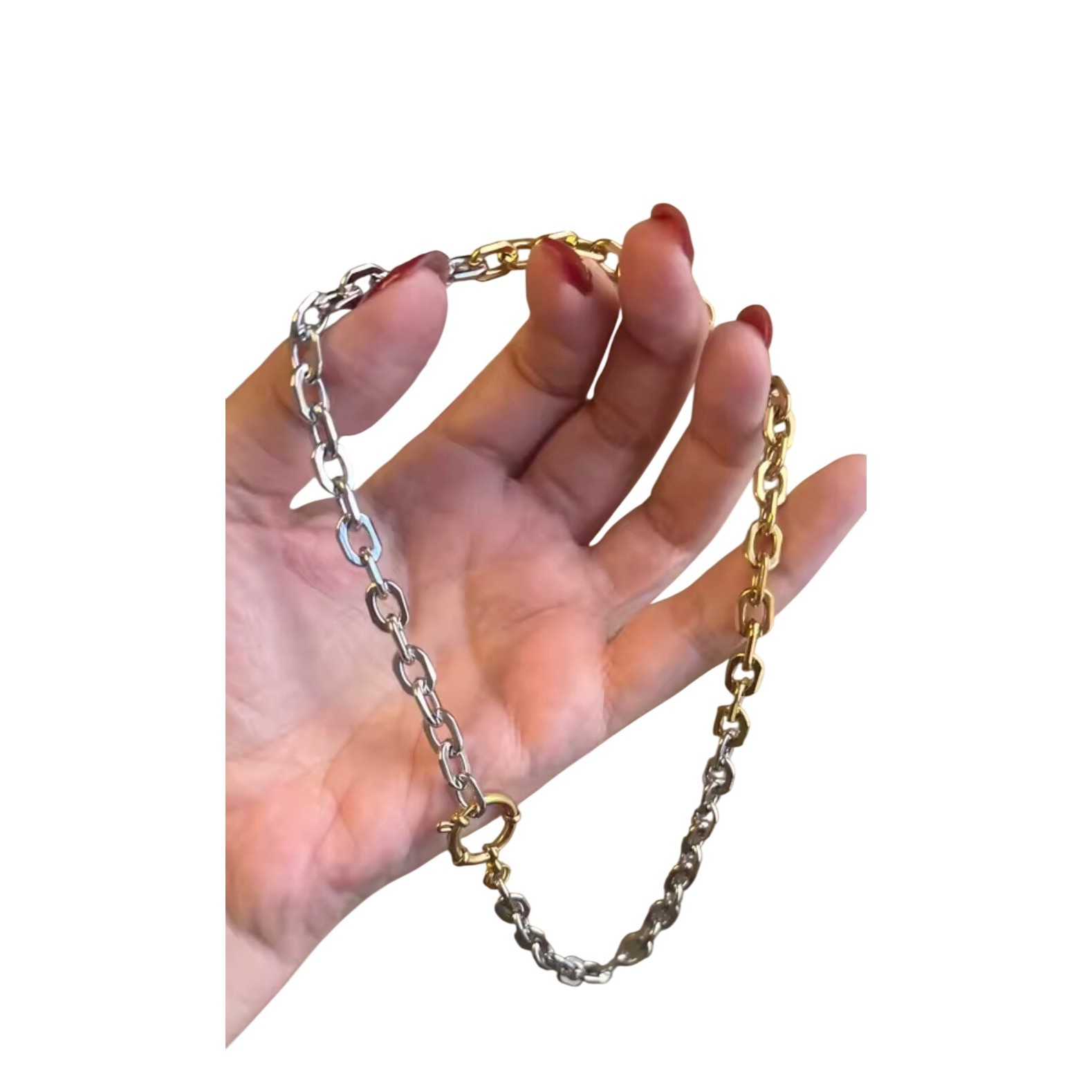 Two Tone Chunky Chain Link Necklace Gold Silver Mixed Metal Sailor Clasp Choker