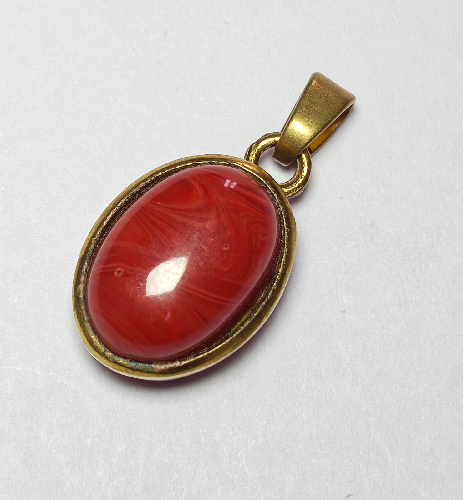 Oval Red Coral Swirl Cabochon Pendant in Brushed Gold Bezel Jewelry for Unisex