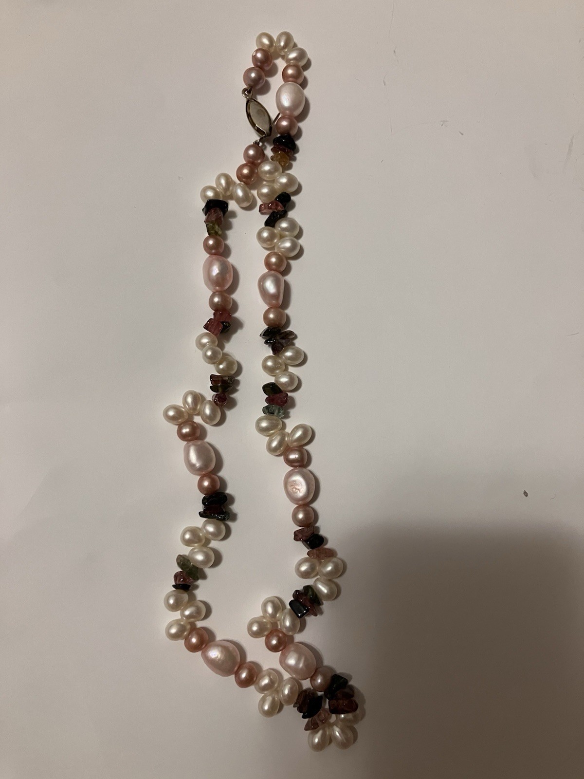 Pink & White Round Pearl Beaded Strand Necklace w/ Red Garnet, Box Closure