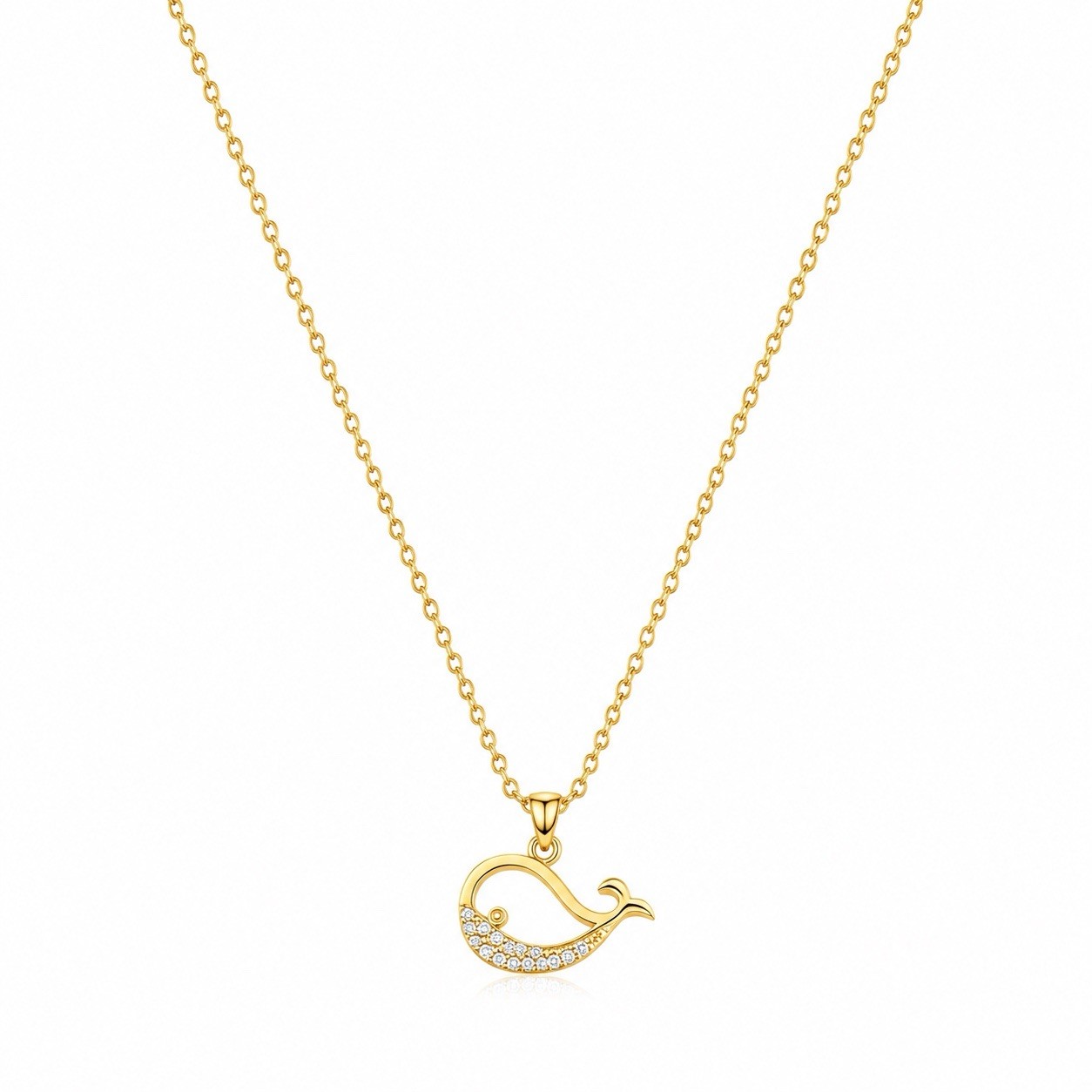 Gold Tone Stainless Steel Whale Charm Pendant CZ Cable Chain Necklace