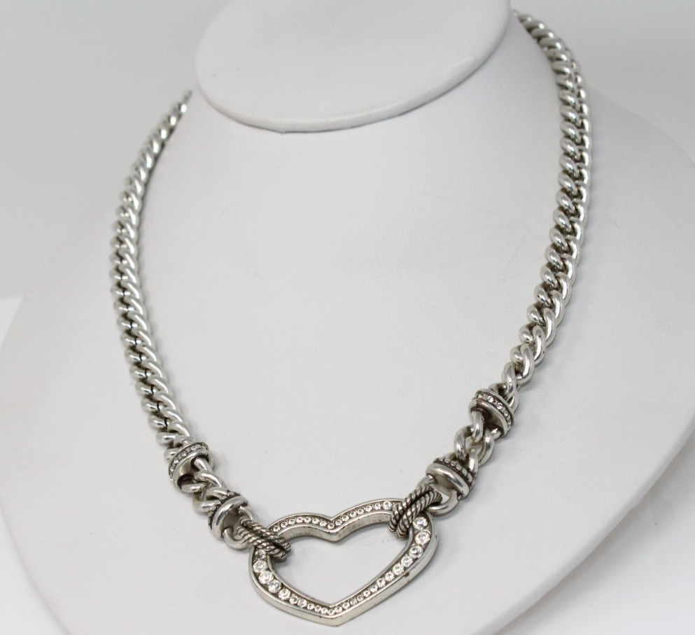 Brighton Urban Hearts Silver Crystal Retired Fold Over Clasp Pendant Necklace