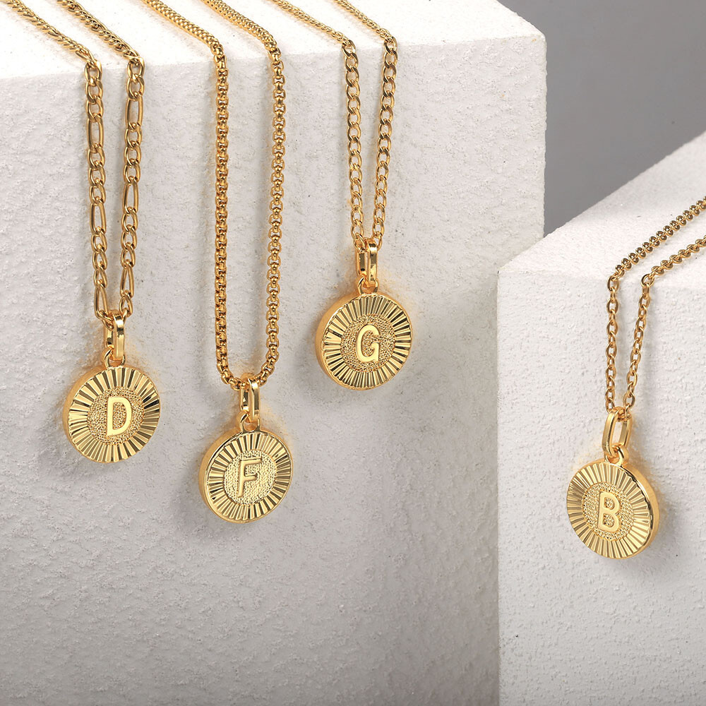 Gold Plated Letters Pendant Necklace Stainless Steel Box/Figaro/Rolo/Curb Chain