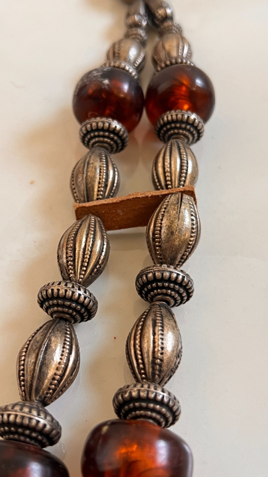 long statement double strands vintage silver necklace with amber and leather