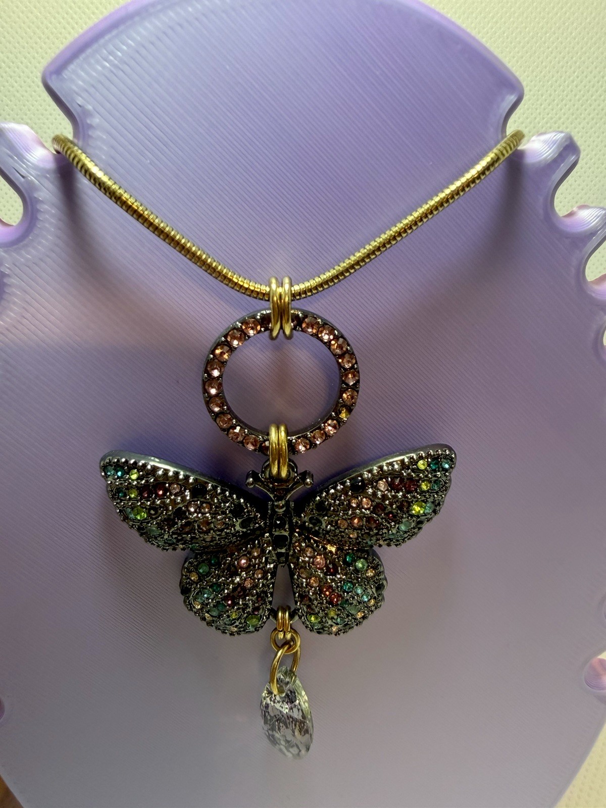 Gold Tone Butterfly Pendant Snake Chain Necklace, Multicolor Rhinestones