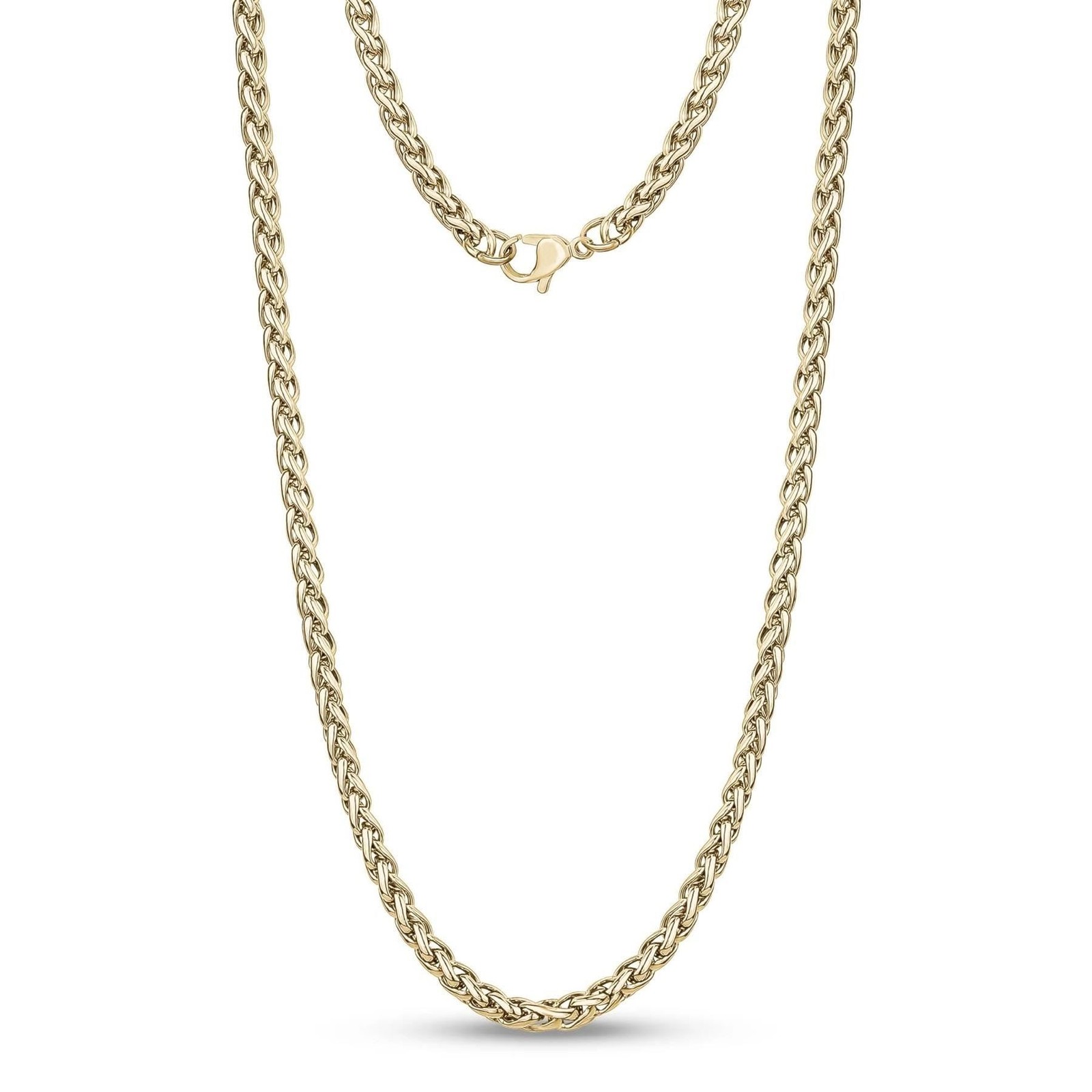 GOLD 316L STAINLESS STEEL 5MM WIDE 20″ / 50CM LONG SPIGA WHEAT ROPE KNOT CHAIN
