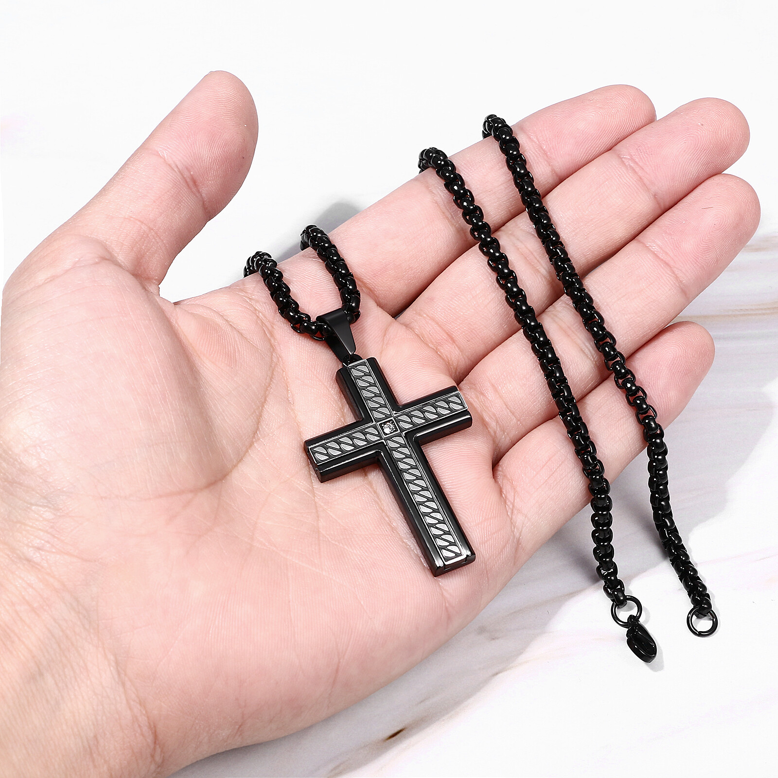 Mens Boys Cool Black Striped Cross Stainless Steel Pendant Necklace Chain 22in