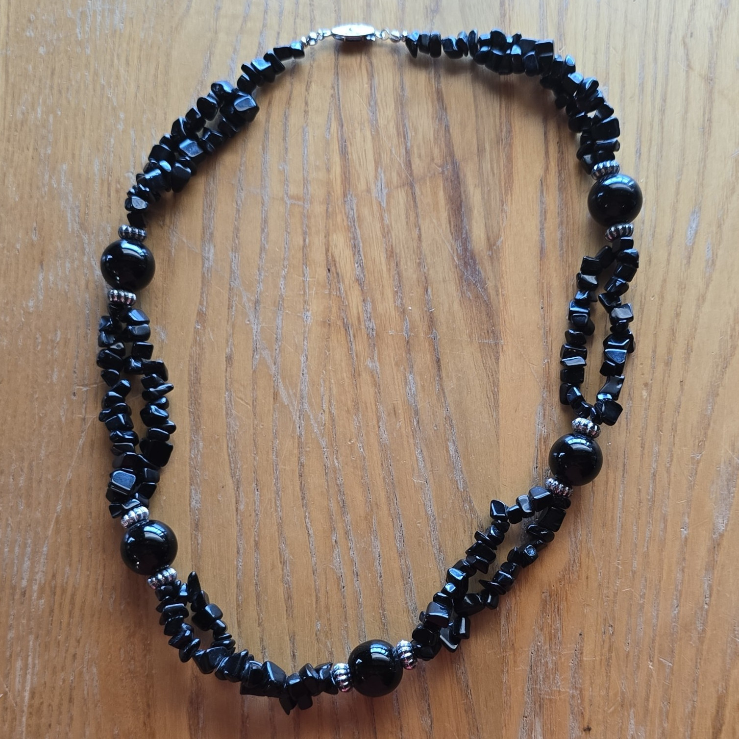 Black Onyx Beaded Necklace Silver-Tone Box Clasp Ball/Bead Chain