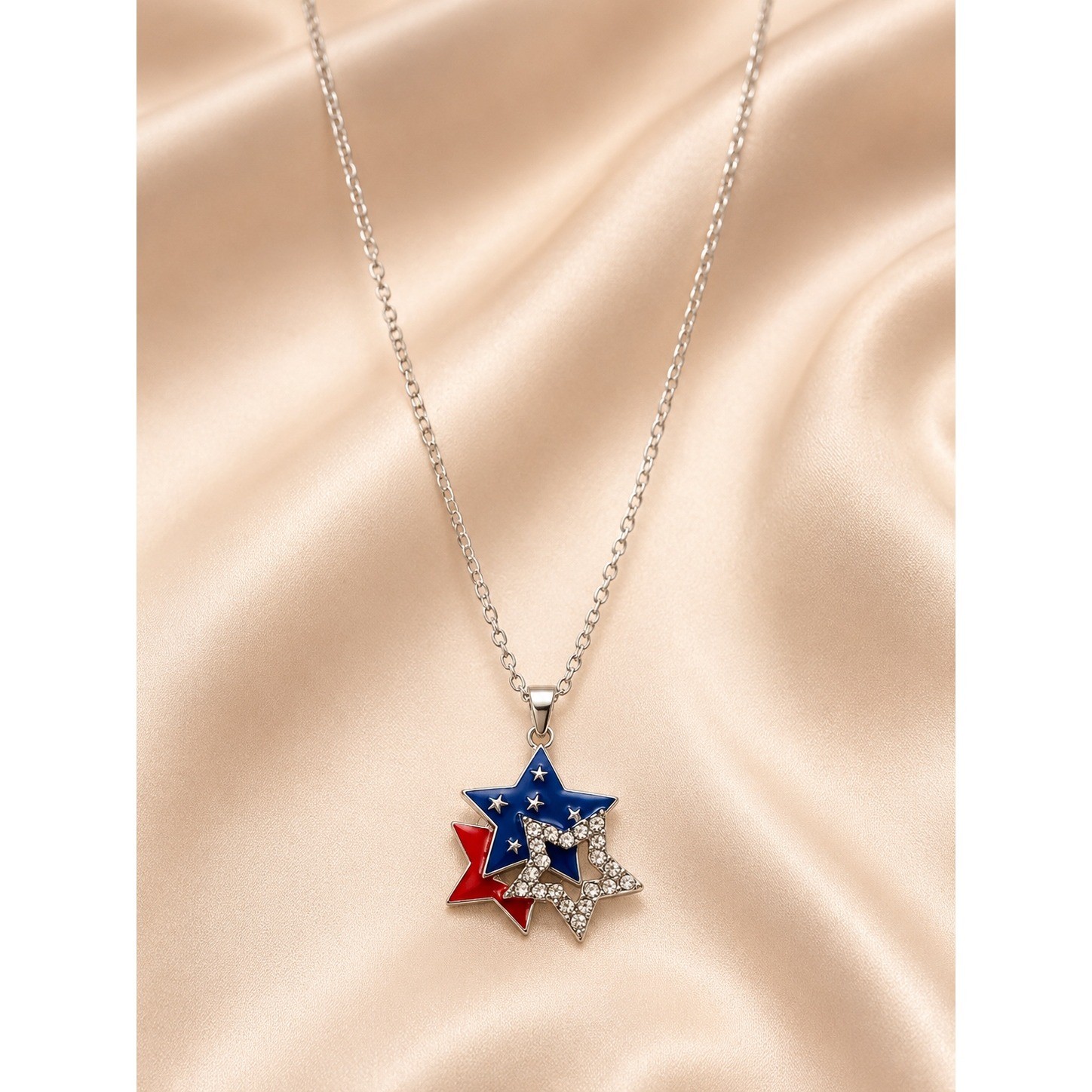 Patriotic Red Blue Enamel Rhinestone Triple Star Pendant Necklace Silver Tone