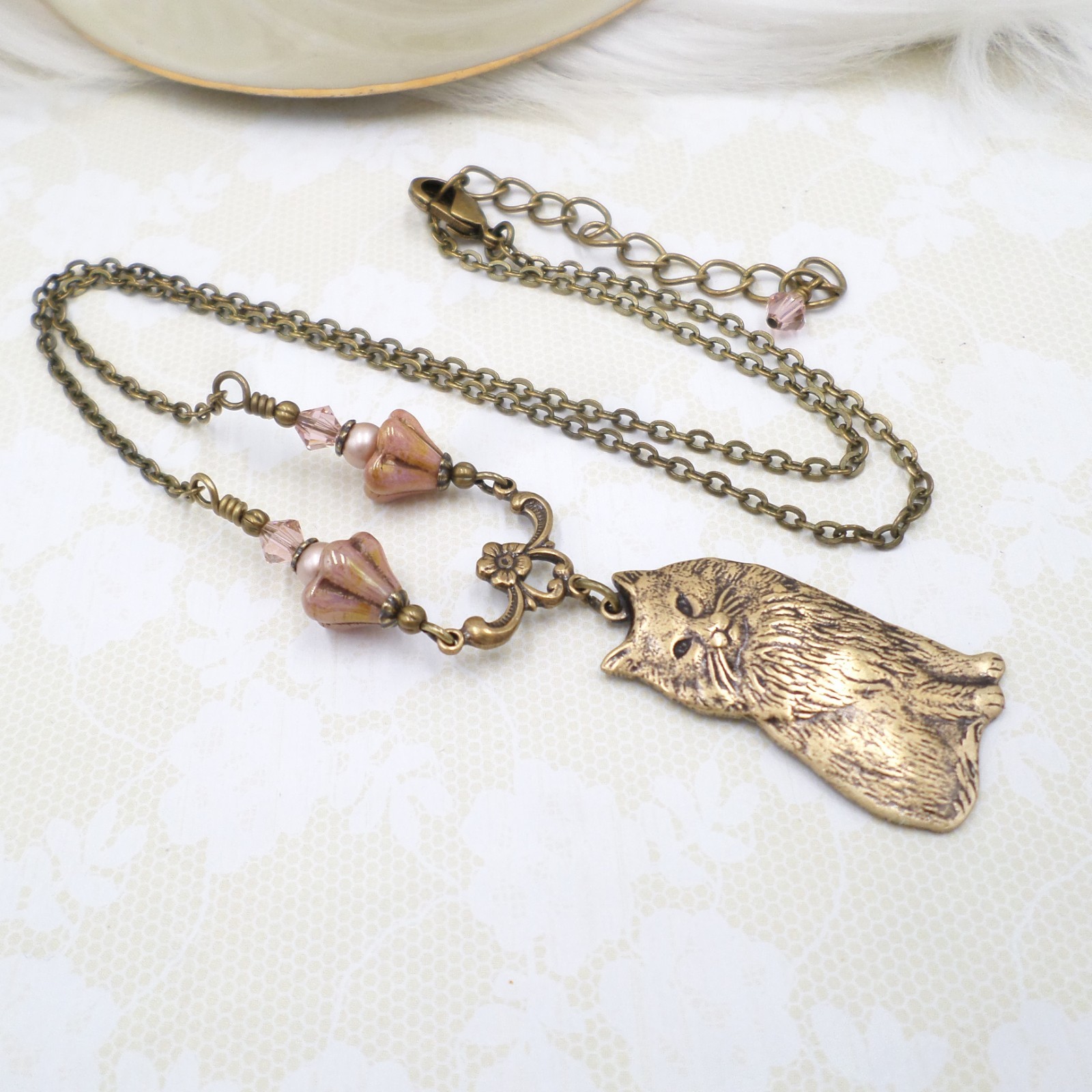 Vintage Style Cat Necklace with Pink Czech Glass Flowers, Antique Brass Handmade