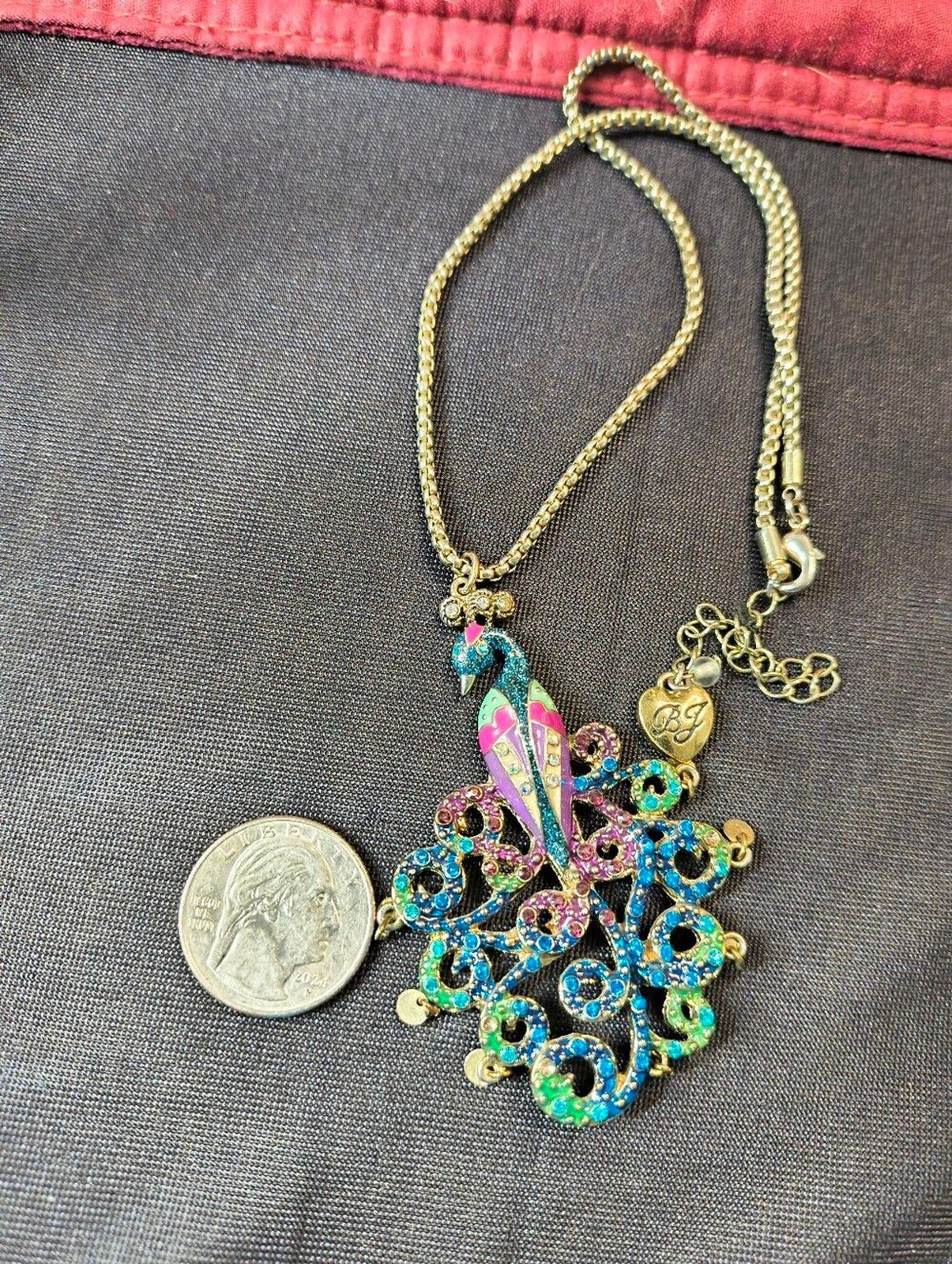 Betsey Johnson Peacock Statement Necklace Crystal Enamel Y2K 16″ ,+ 3″ Extender