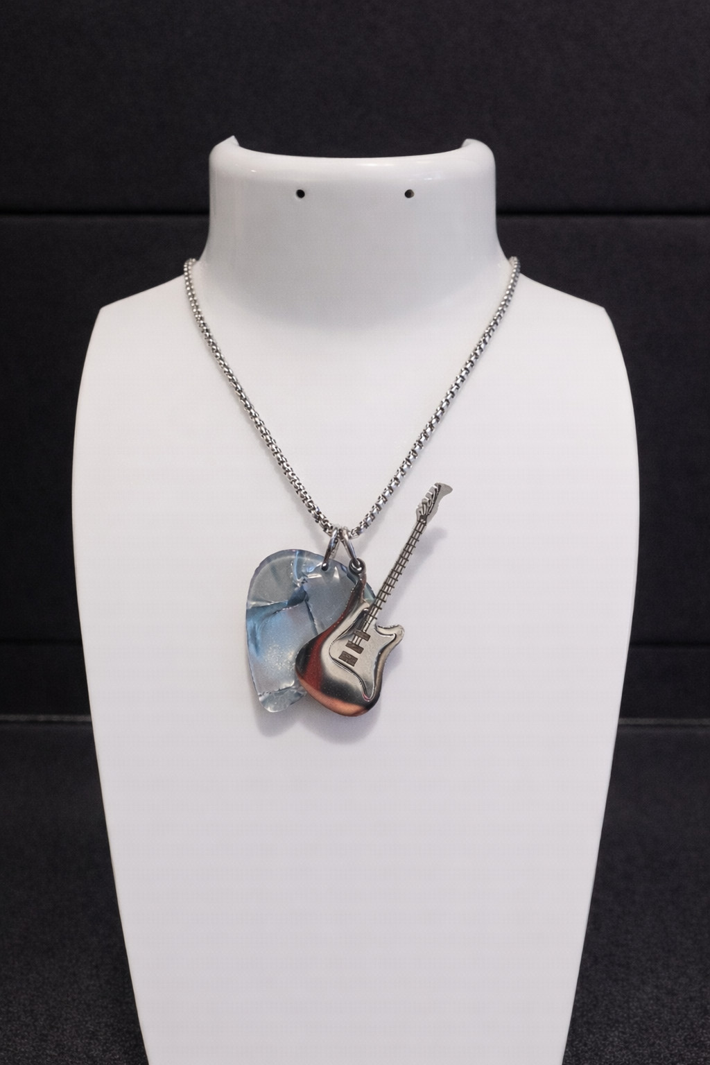 Electric Guitar & Pick Pendant Necklace Jewelry Silver Tone Music Lover Rock