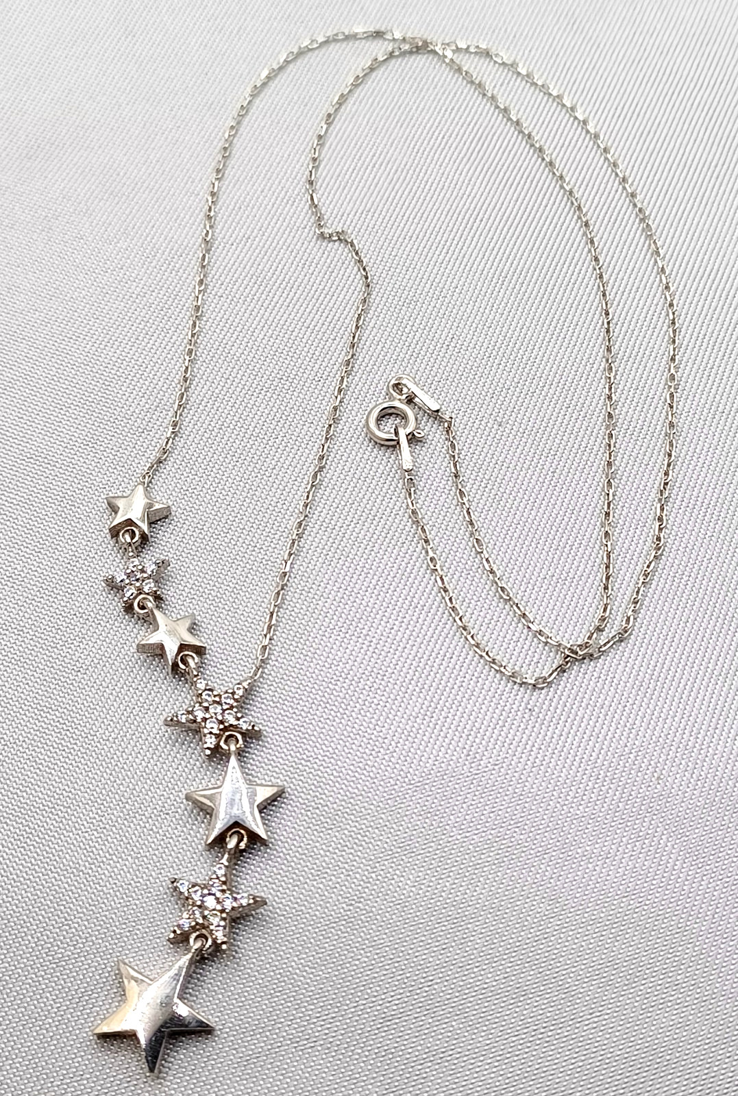 Sterling Silver Star Y-Drop Necklace Trail of 7 Stars 925 & Cubic Zirconia 18″