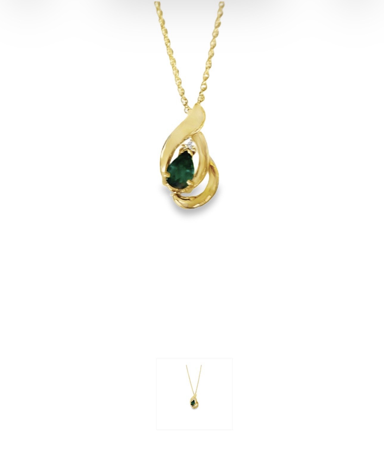 Gold Tone Green Teardrop Pendant Necklace, Bezel Set, Cable Chain