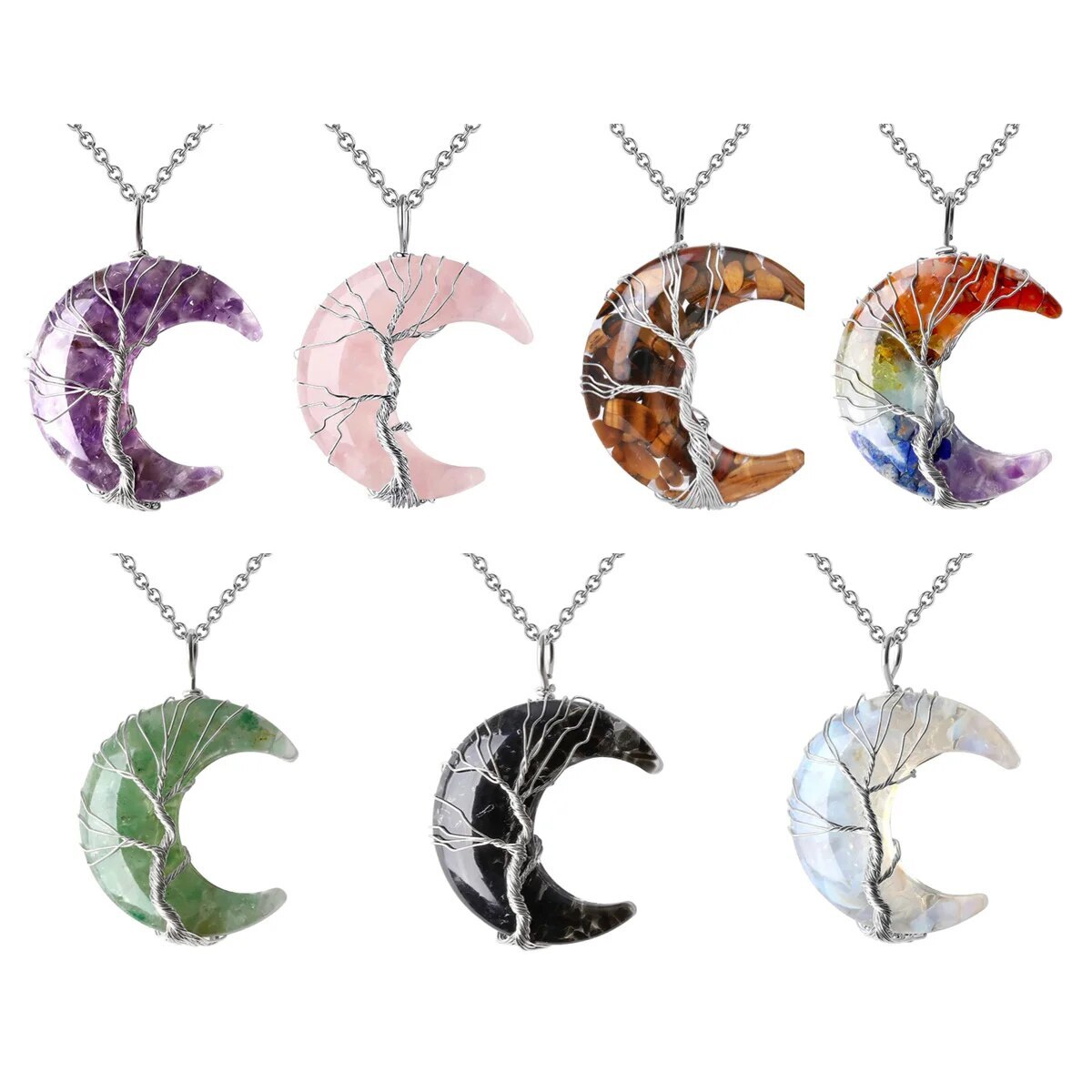 Fashion 7 Chakra Moon Pendant Energy Crystal Crescent Resin Gemstone Jewelry