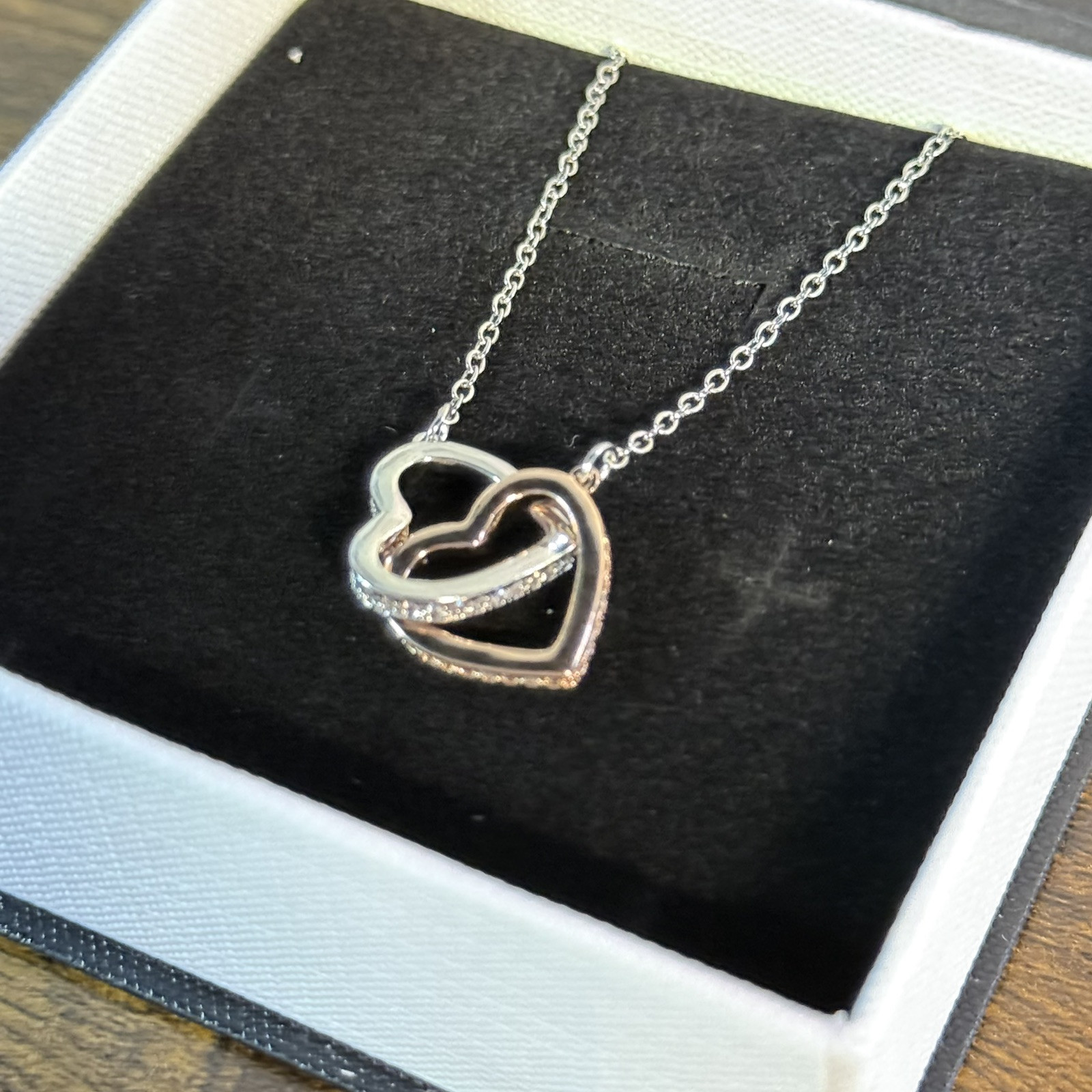 NEW – Linked Hearts Pendant Necklace Gift – Mixed Metals – Rhinestones