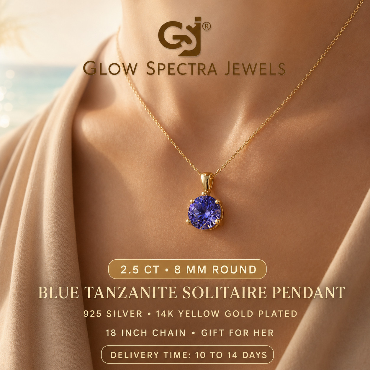 2.50Ct Round Blue Tanzanite Solitaire Women Pendant 14K Yellow Gold Plated