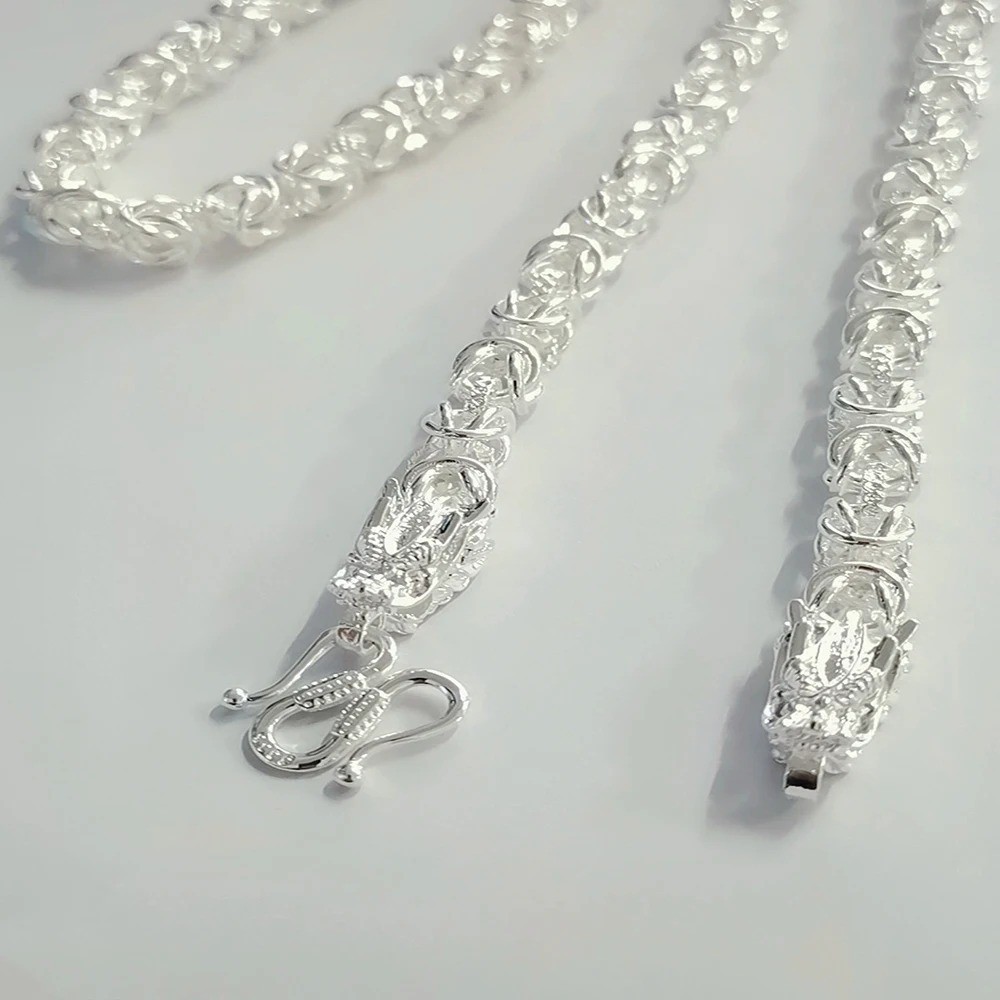Men’s 925 Sterling Solid Silver Necklace Classic Round Faucet Dragon Jewelry