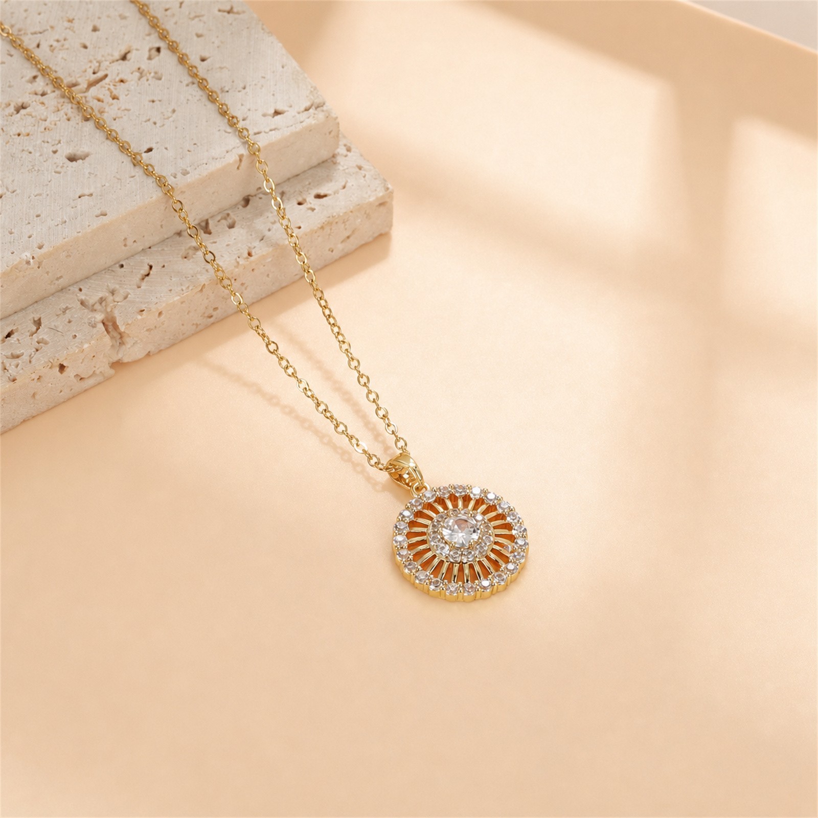 Womens Sunflower Round CZ Pendant 14K Gold Plated Necklace Adjustable Daily Wear