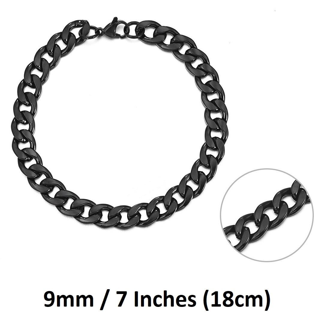 *UK* Black Stainless Steel Bracelet 9mm 7 Inch / 18cm Curb Mens Cuban Chain