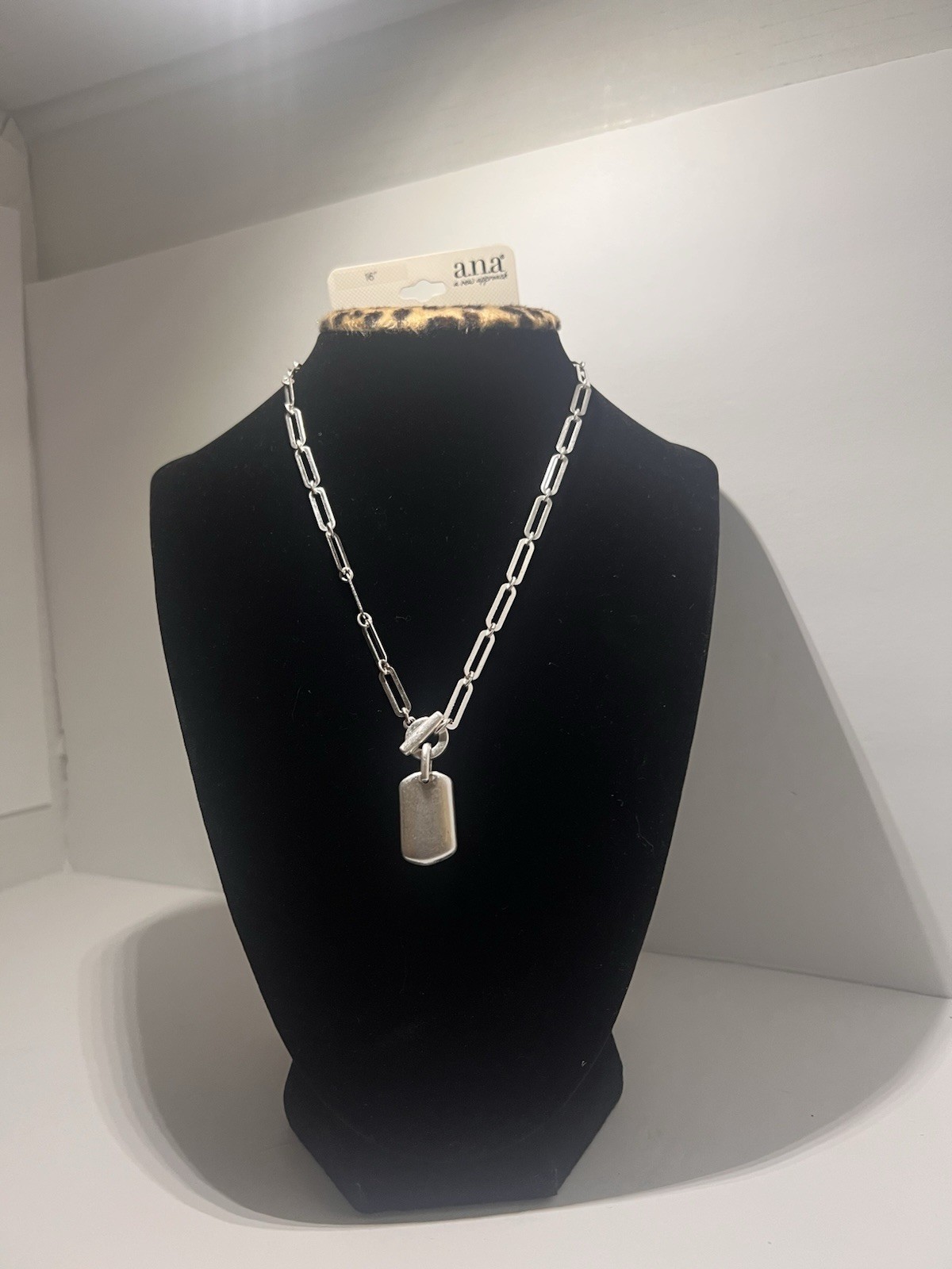 ana Silver Tone Link Chain Necklace with Rectangle Dog Tag Pendant
