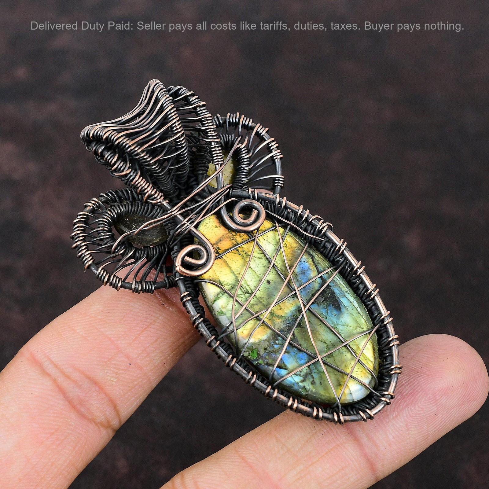 Copper Oval Natural Labradorite Handcrafted Birthday Wire Wrapped Wife Pendant