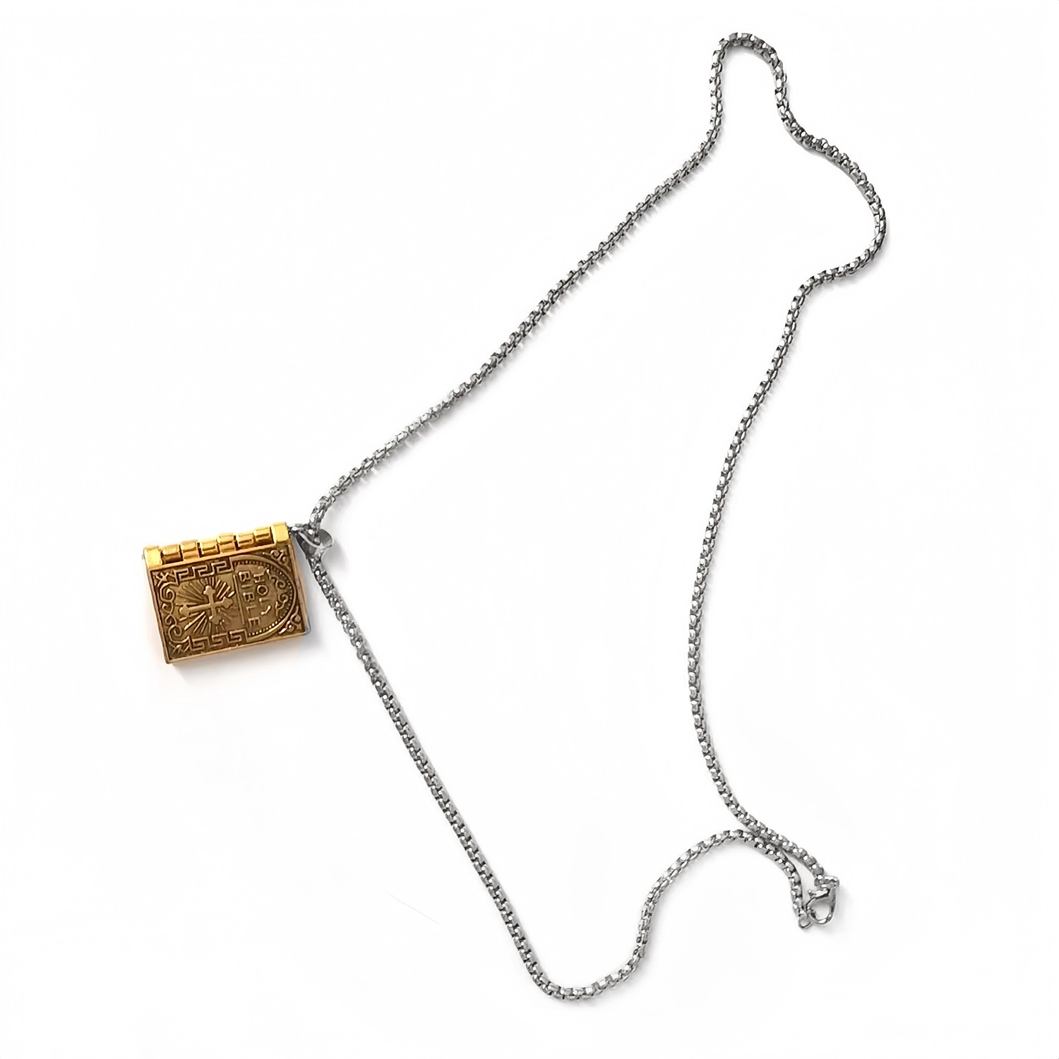 Men Women Vintage Gold Jewelry Bible Book Cross Pendant Daily Wear Necklace