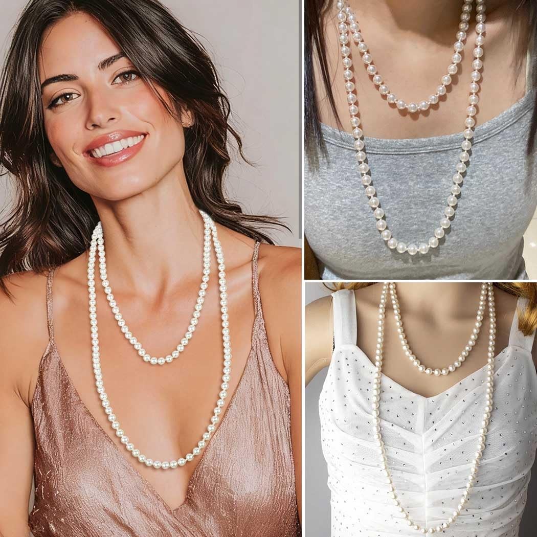 Long Pearl Necklaces for Women Faux Pearl Strand Necklace Statement Beaded Ne…