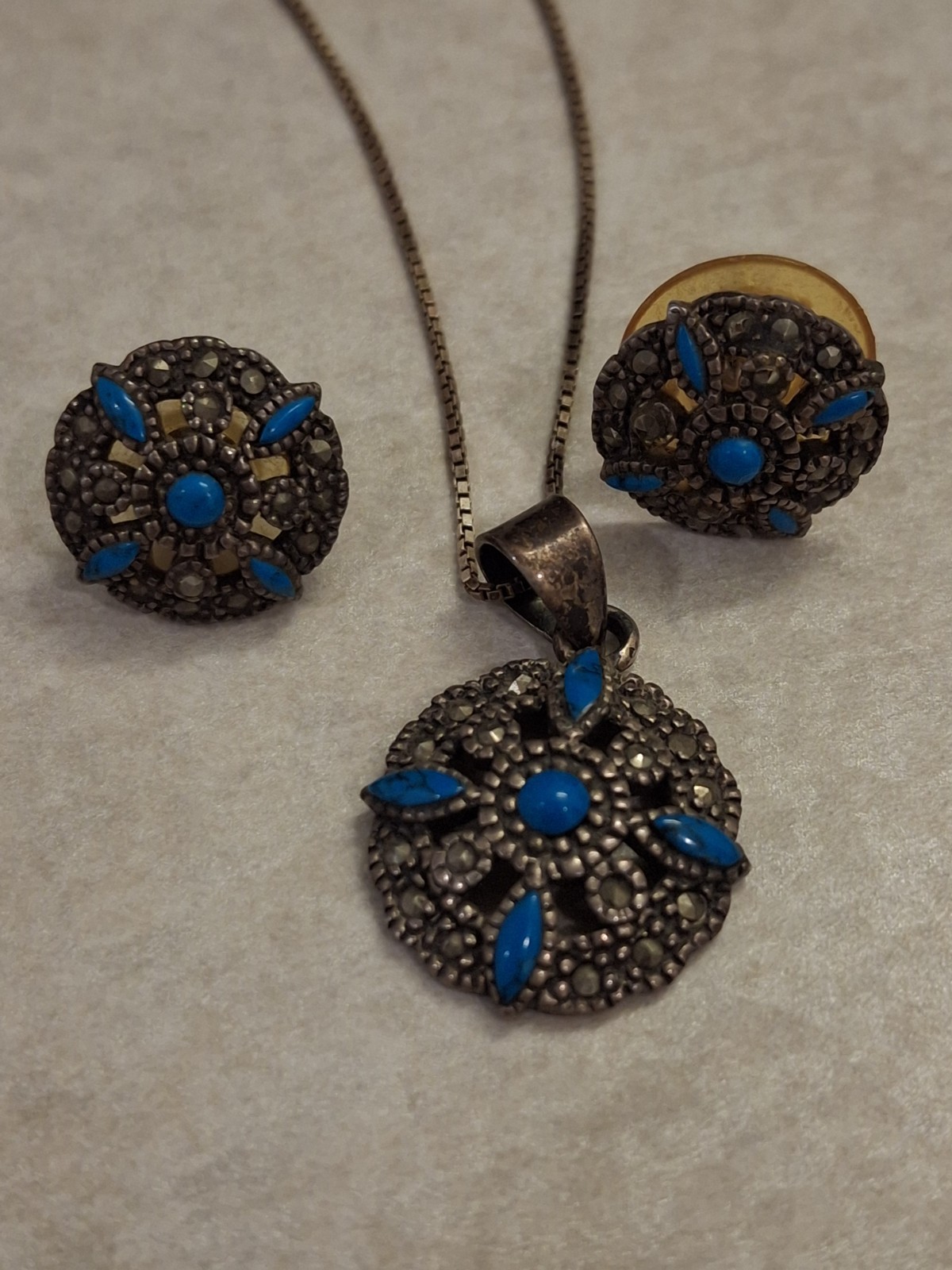Vintage JC 925 Italy Silver Necklace & Earrings Set With Blue Stones Marked