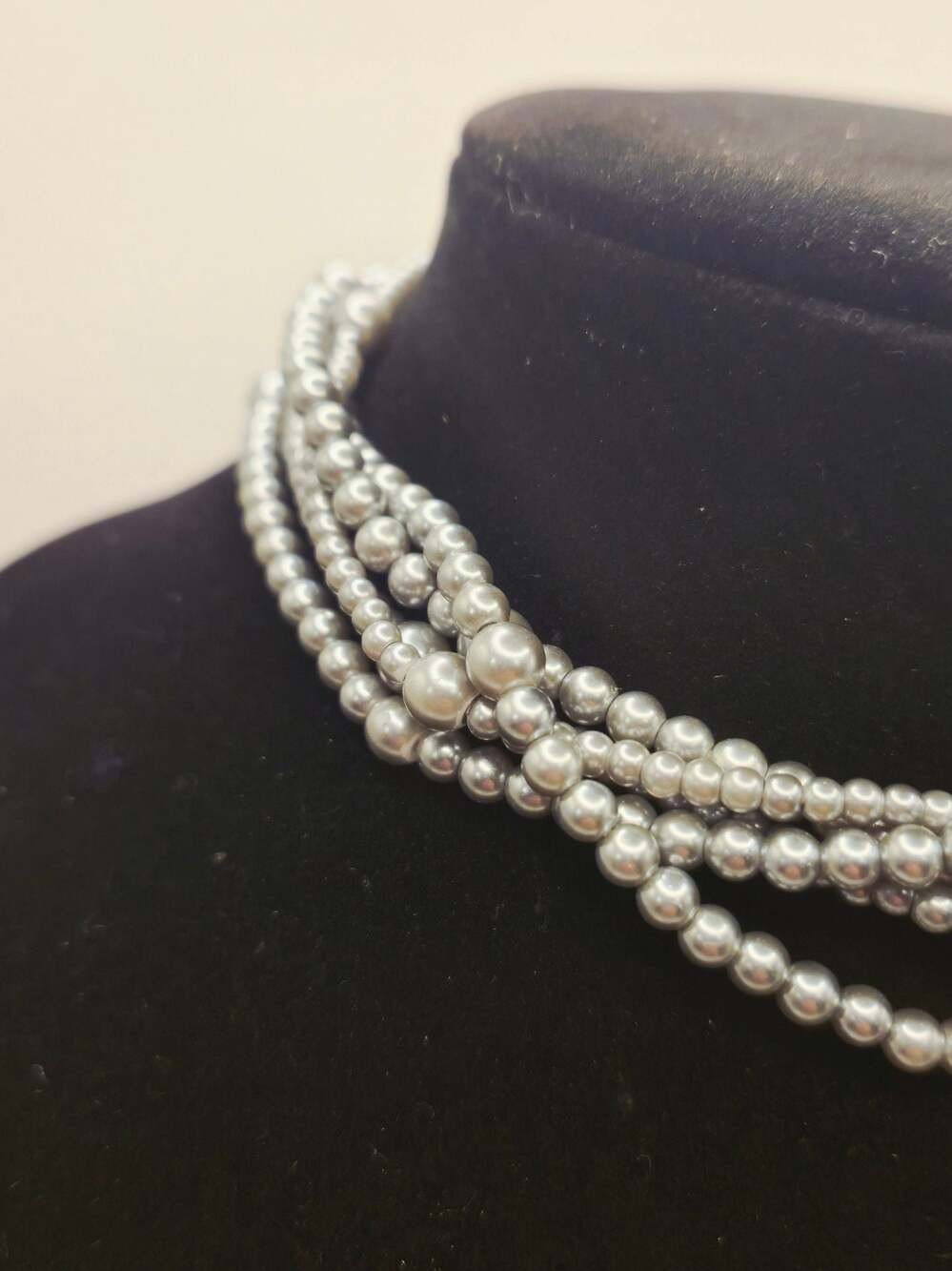 Multi-Strand Grey Faux Pearl Choker Statement Necklace