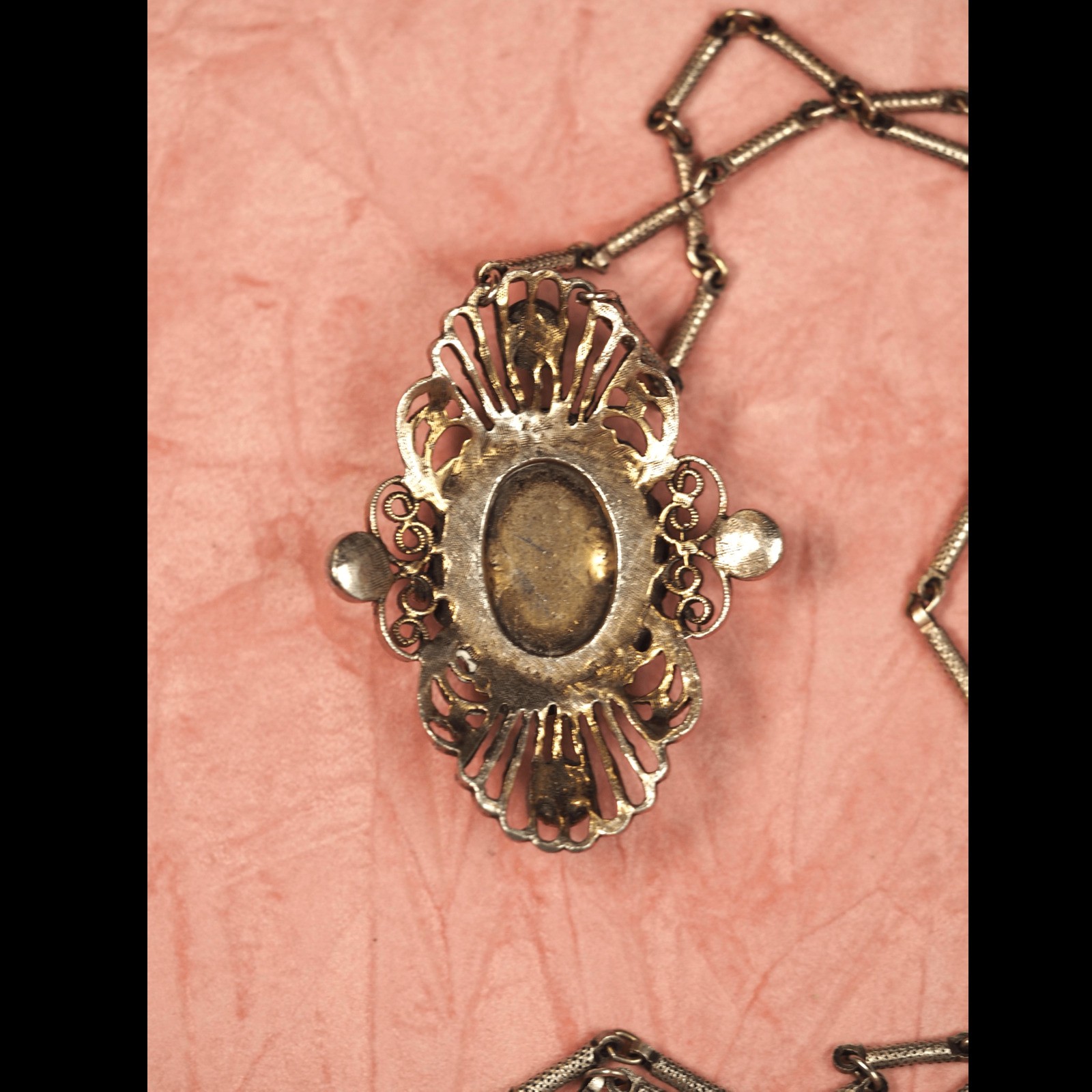 Vintage Blue Art Glass Filigree Pendant Necklace Antique Gold Tone