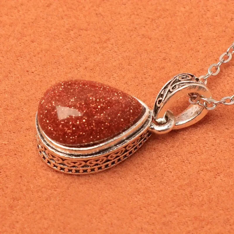 Beautiful Gold Sand Stone Teardrop Pendant & 18″ Necklace FREE SHIP IN THE USA!
