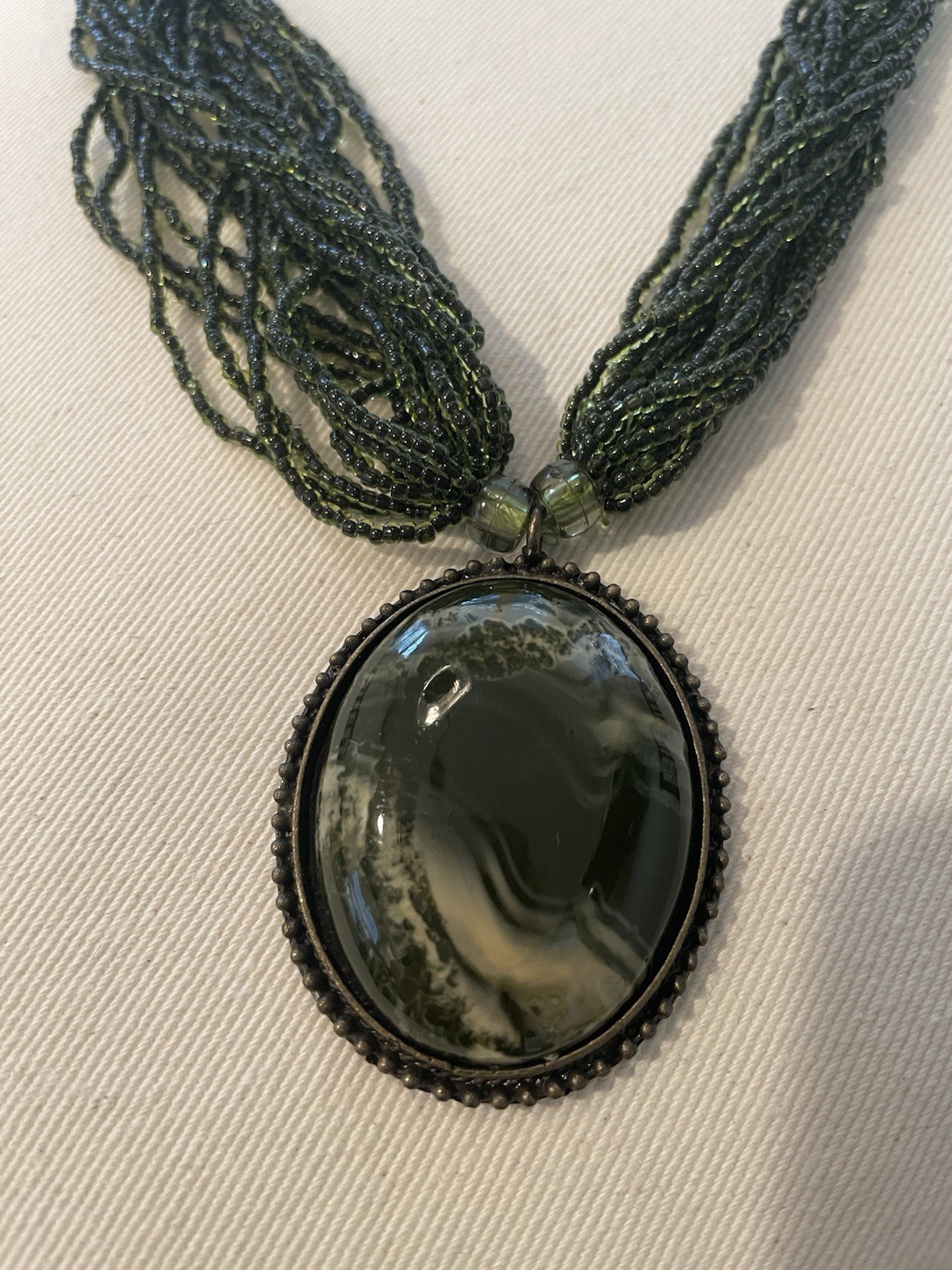 Necklace, Handmade Dark Green beads w/Medallion. 14″ with 3″ extender